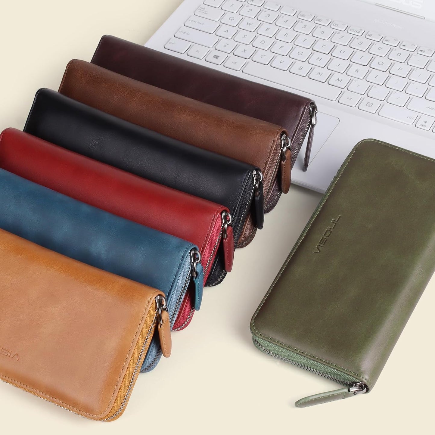 VISOUL Leather Long Zipper Pouch Wallet for Men and Women with RFID Blocking, Large Clutch Cash Long Wallet with Zipper (Olive Green)