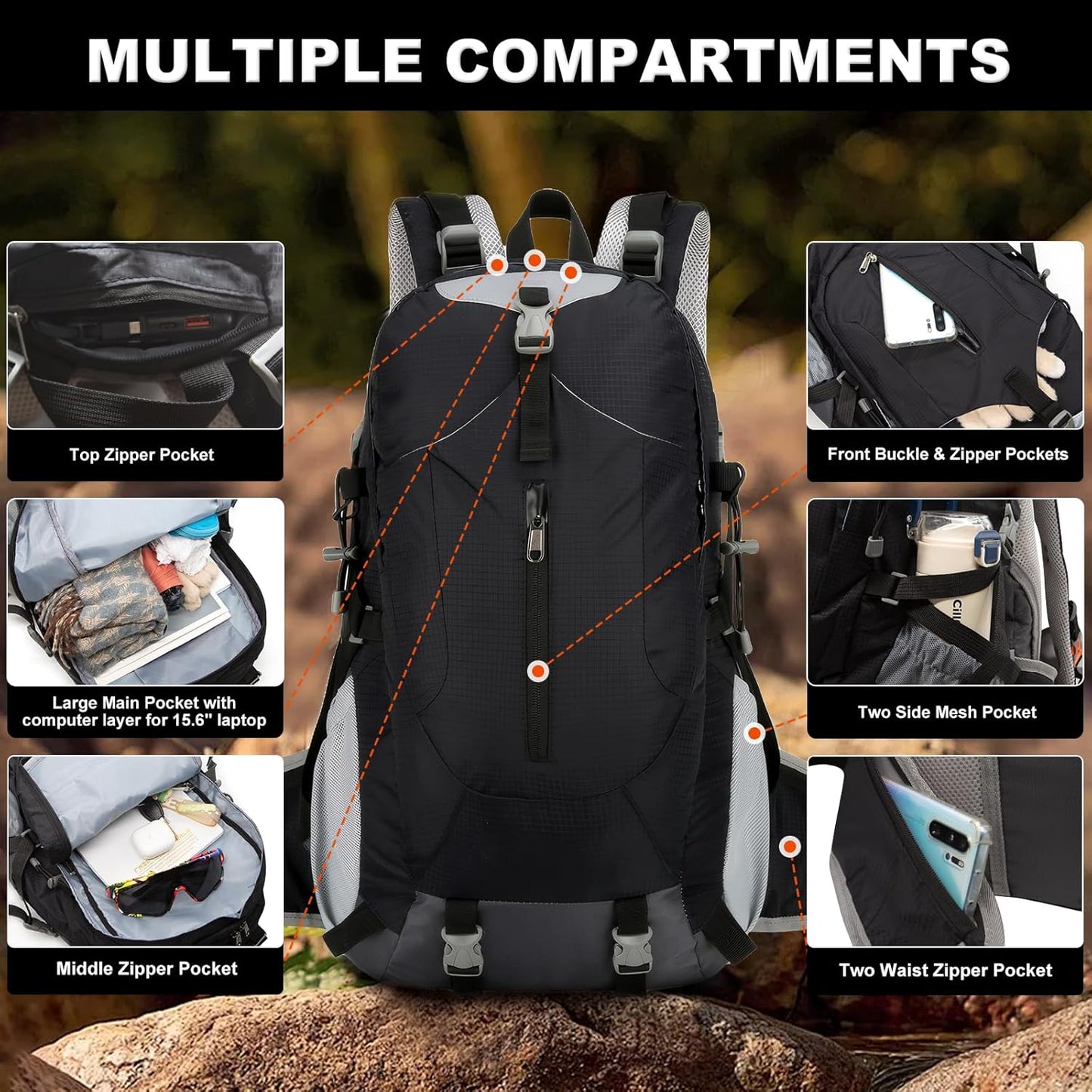 Long Keeper 40L Hiking Backpack with Rain Cover Waterproof Lightweight Camping Backpack for Men Women Outdoor Travel Daypack