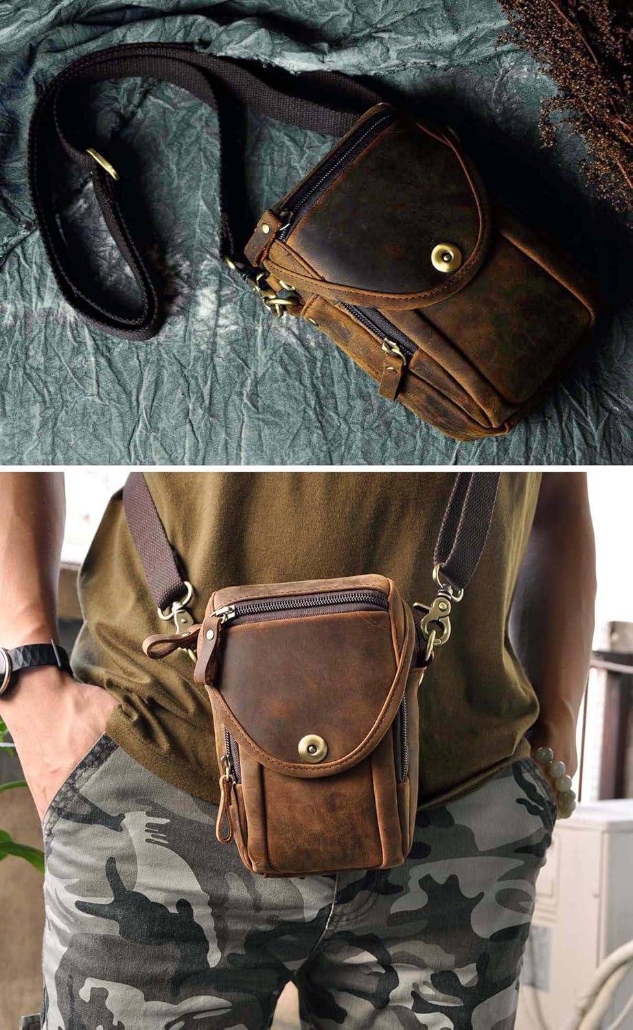 Le'aokuu Mens Original Leather Designer Casual Small Messenger Shoulder Bag Fashion Waist Belt Bag Pack Cigarette Phone Case