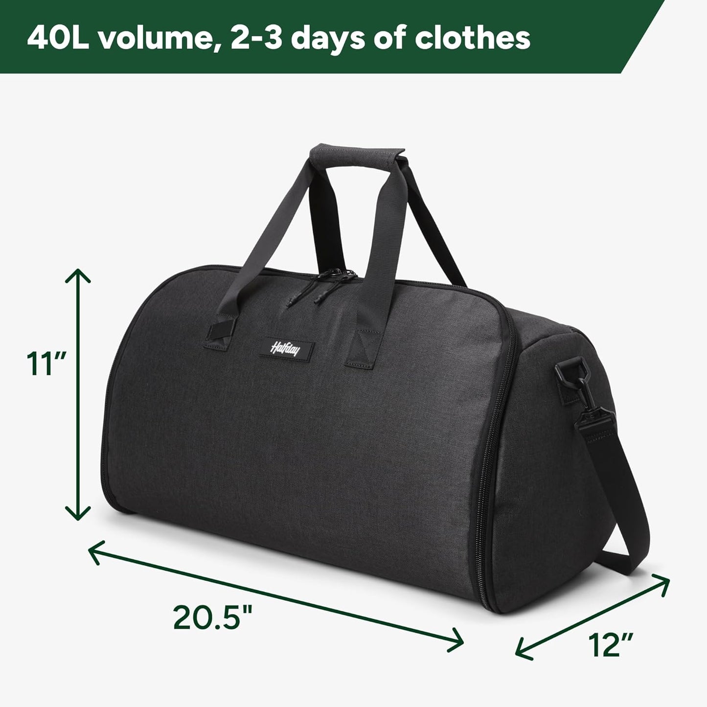 Halfday Convertible 2-in-1 Garment Duffel Weekender Bag 40L | Wrinkle-Free Travel, Hanging Suit