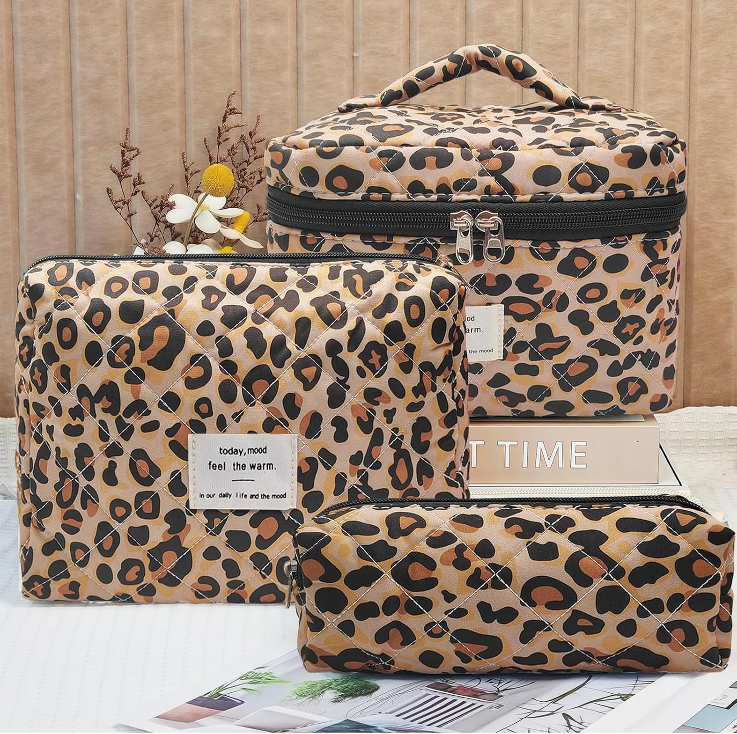 Quilted Makeup Bag, Large Capacity Travel Cosmetic Bag for Women and Girls, Aesthetic Storage for Daily and Travel Use (3pcs-Classicleopard)