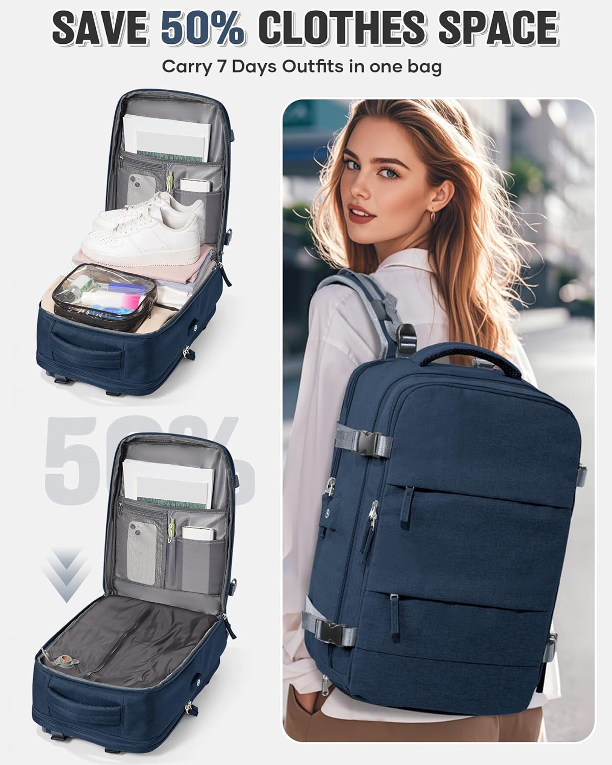 Vacuum Backpack Travel with Pump,Travel Backpack with Vacuum System, Shoe Compartment,Flight Approved 18x14x8 inches,Carry on Personal item Laptop Work Backpacks,Sapphire Blue