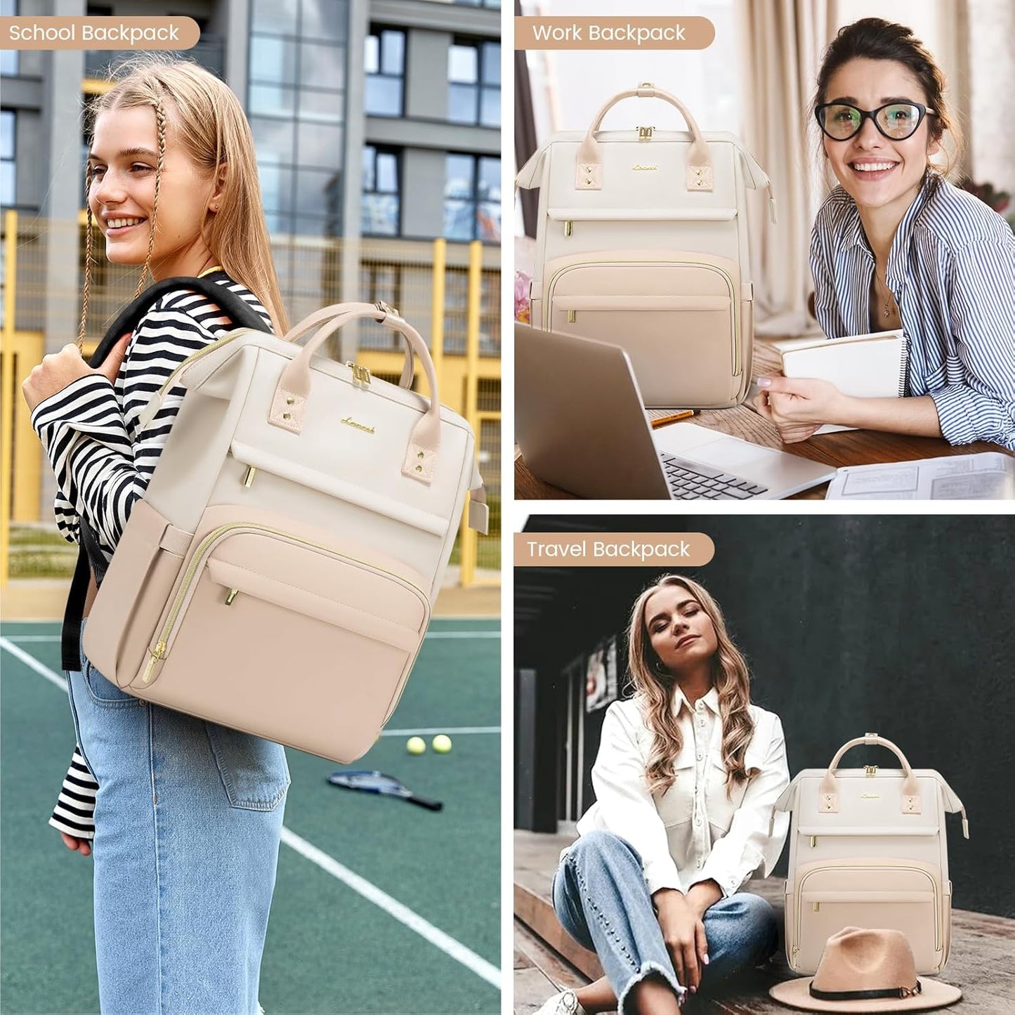 LOVEVOOK Leather Backpack for Women, 15.6 inch Laptop Backpack, Professional Work & Travel Bag, Beige-Flesh Beige