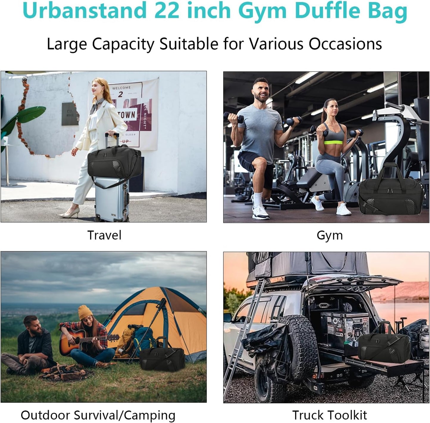 Urbanstand Gym Bag for Men - 22 Inch Large Sports Duffel Bags with Shoe Compartment, Weekender Carry On Duffle Bag for Sport, Camping, Fitness & Workout, Black