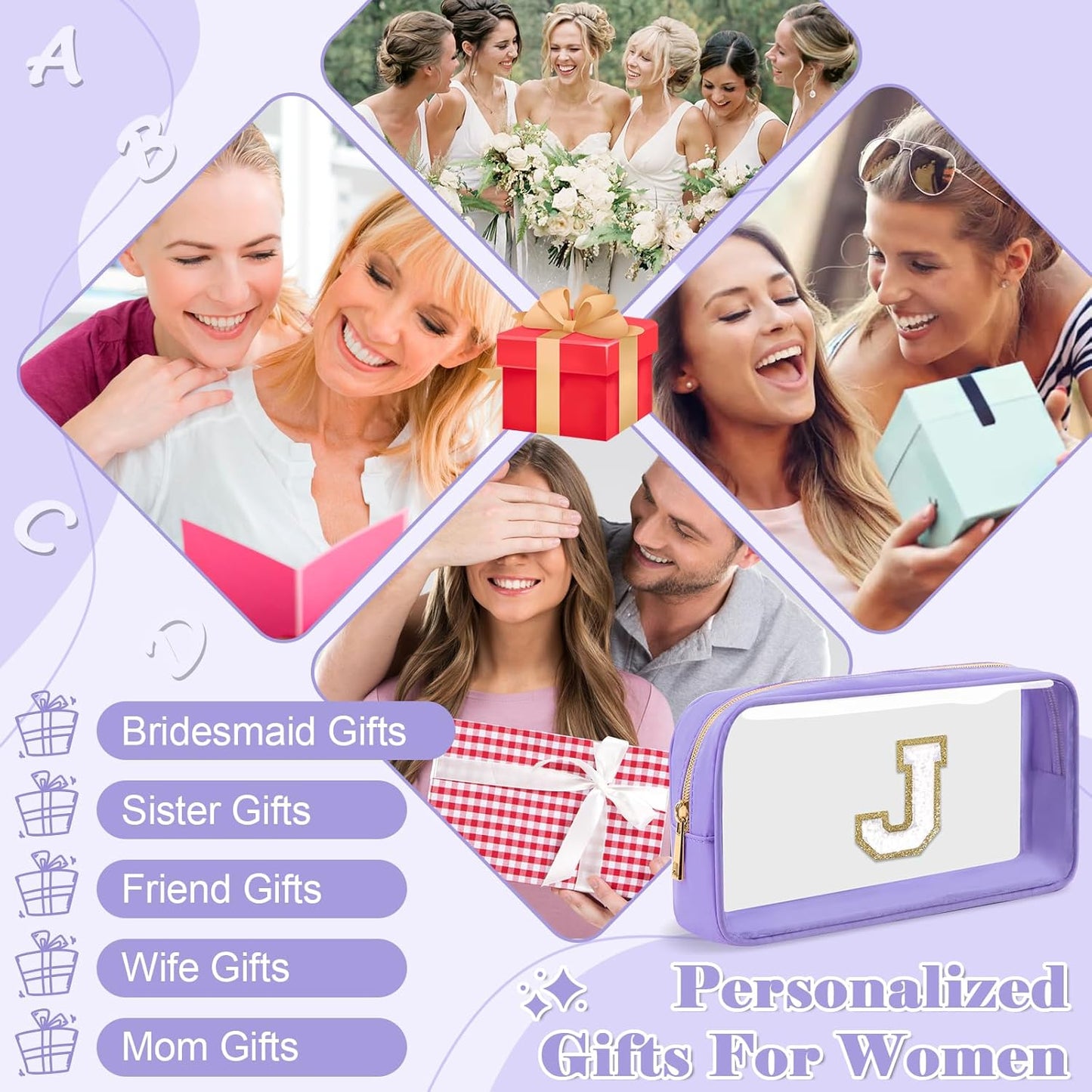 Personalized Initial Letter Clear Makeup Bag,Preppy Small Nylon&PVC Cosmetic Zipper Bag with Chenille Letter,Travel Skincare Toiletry Bag,Monogram Christmas Gift for Teen Girls Women,J