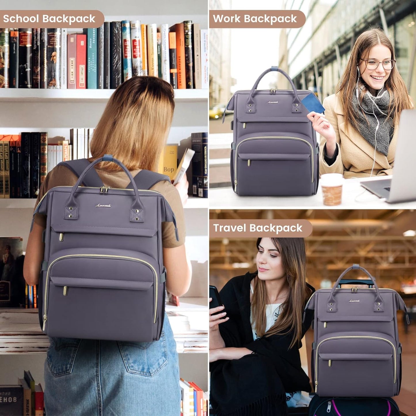 LOVEVOOK Leather Laptop Backpack for Women 18 inch,Travel Backpack Purse Nurse Teacher Backpack Computer Laptop Bag,Professional College Business Work Bags Carry On Backpack with USB Port,Grey Purple
