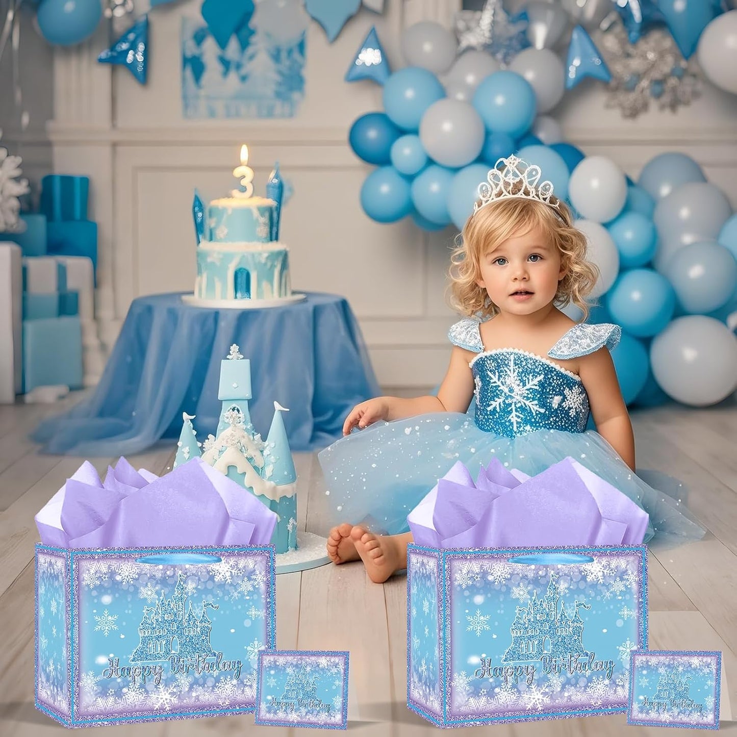 Frozen Birthday Gift Bag with Greeting Card and Tissue Paper Large Snowflake Castle Party Favor Bags Frozen Birthday Wrapping Paper Bags Treat Candy Bags with Handle for Bday Christmas Winter Gift