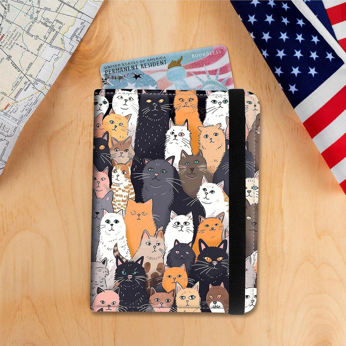 Passport Holder Cover Wallet Travel Essentials RFID Blocking Case Leather Passport Cover Wallet Vaccine Card Slot Organizer for Men Women, Cats