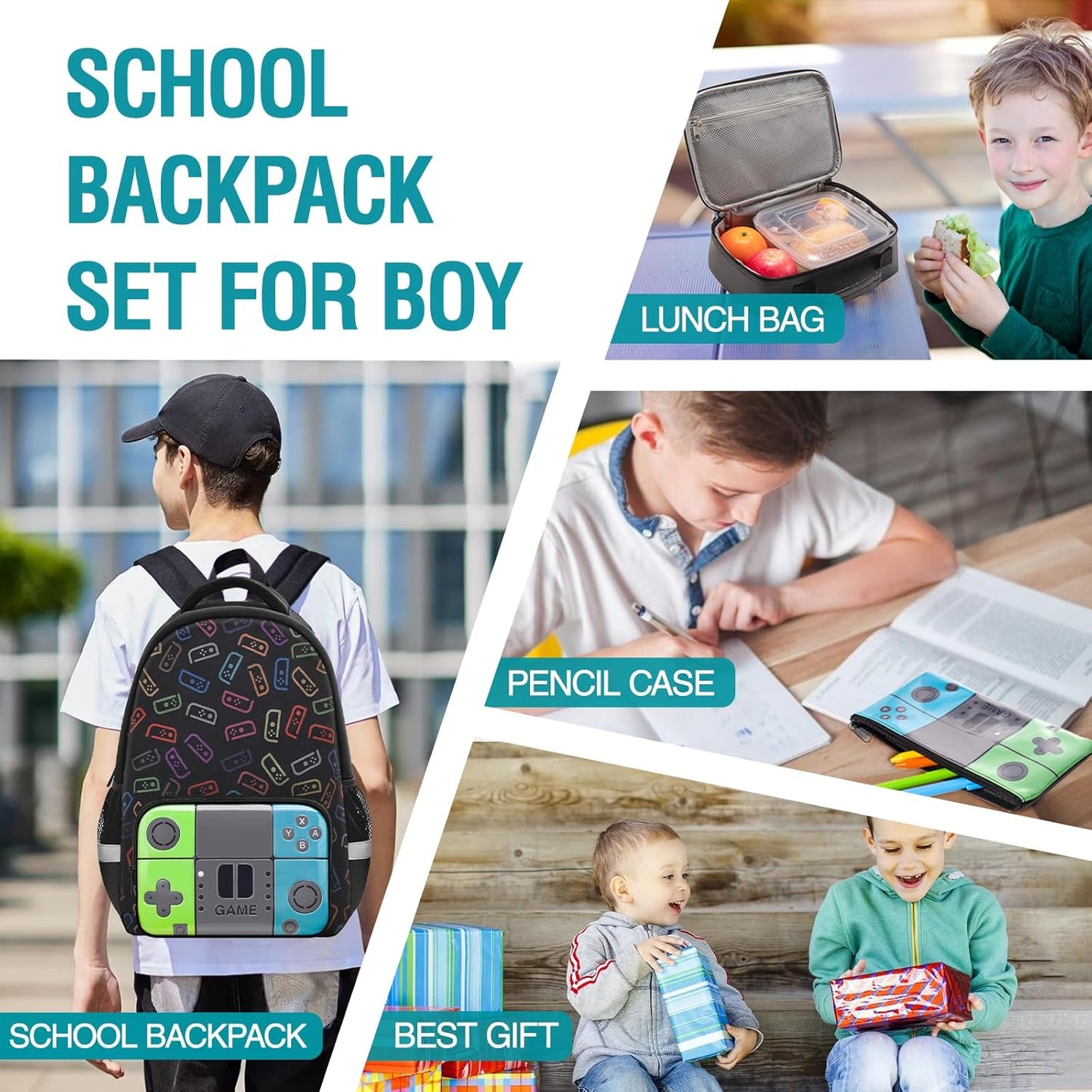 Boys Backpack for School,Gamer Backpack for Boys Kids With Lunch Box Pencil Case,Boy Bookbag for Elementary Middle School,Video Game Bookbag For Boy Kids Teen Age 6-14,17″