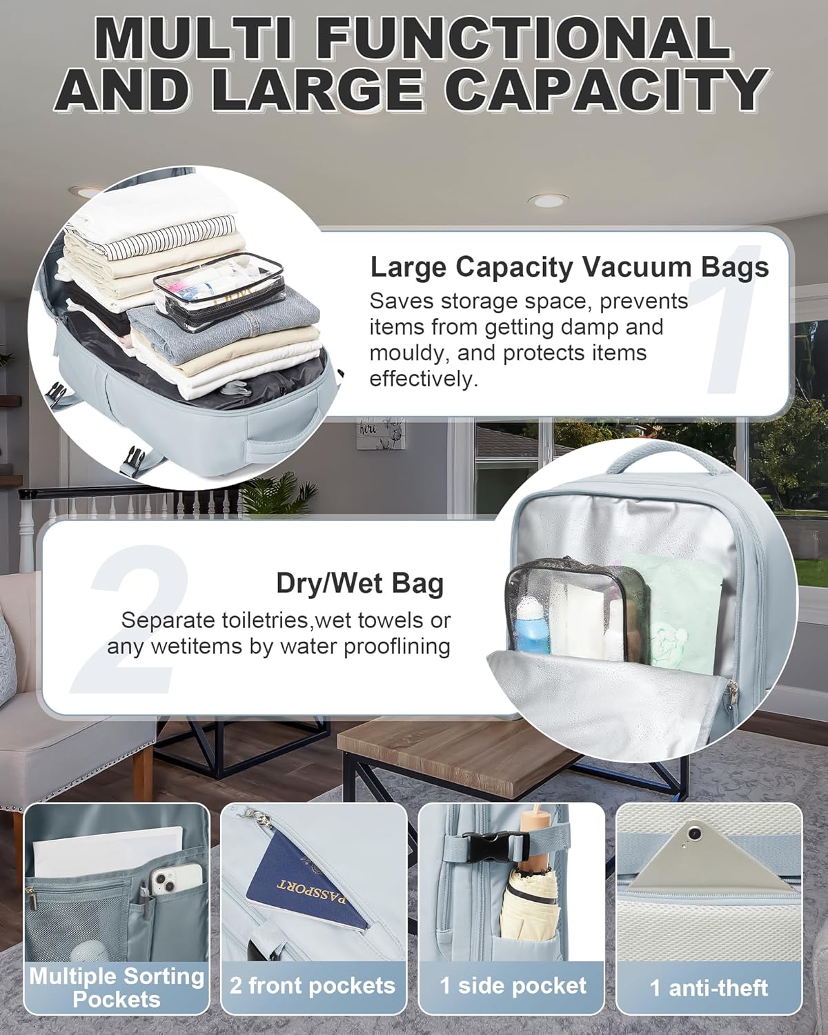 VGCUB Small Travel Vacpack Backpack with Vacuum System Carry on Storage Compression Personal Item Bags with Electric Pump Work Business College Waterproof Backpack for Women Men Blue