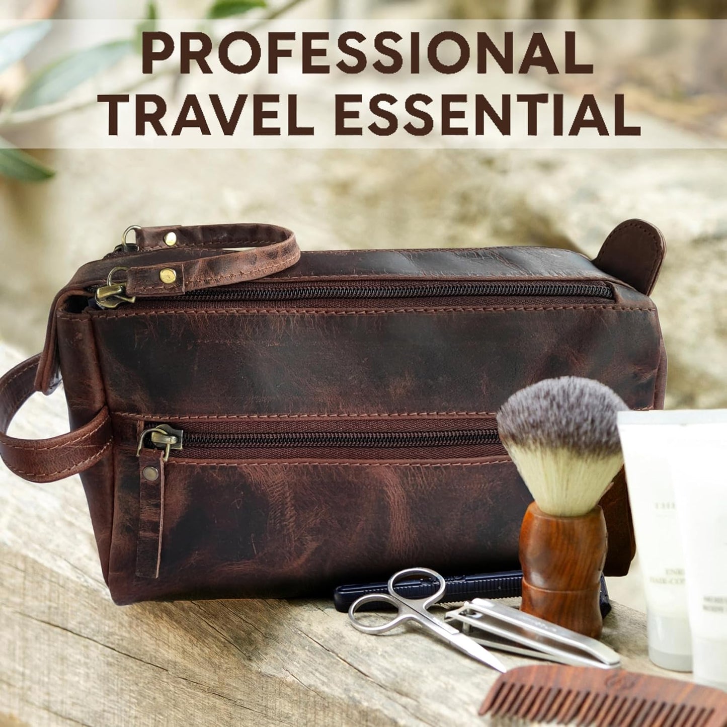 RUSTIC TOWN Buffalo Leather Toiletry Bag : Vintage Travel Shaving & Ditty Kit : for Toiletries, Cosmetics & More : Spacious Interior & Waterproof Lining : Compact, Fits Easily in Luggage