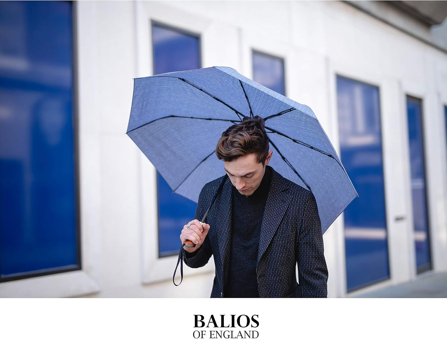 Balios (Designed in UK) Travel Umbrella Luxurious Golden Hardwood Handle Auto Open & Close Windproof Frame Single Canopy Automatic Folding Umbrella Men's & Ladies