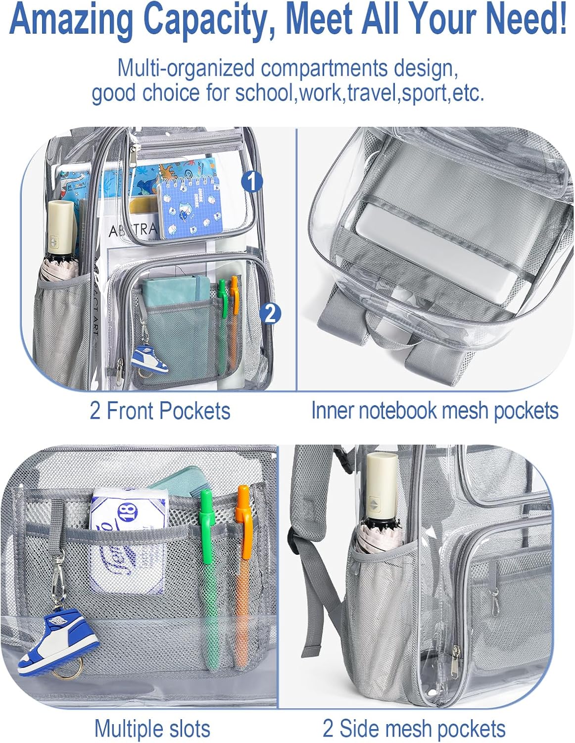 Heavy Duty Clear Backpack For Kids Women Men Boys Girls, 17 Inch Large See Through Backpack, Clear Bookbag With An Extra Pouch Accessories, Transparent Bag For School College Sport Work, Grey