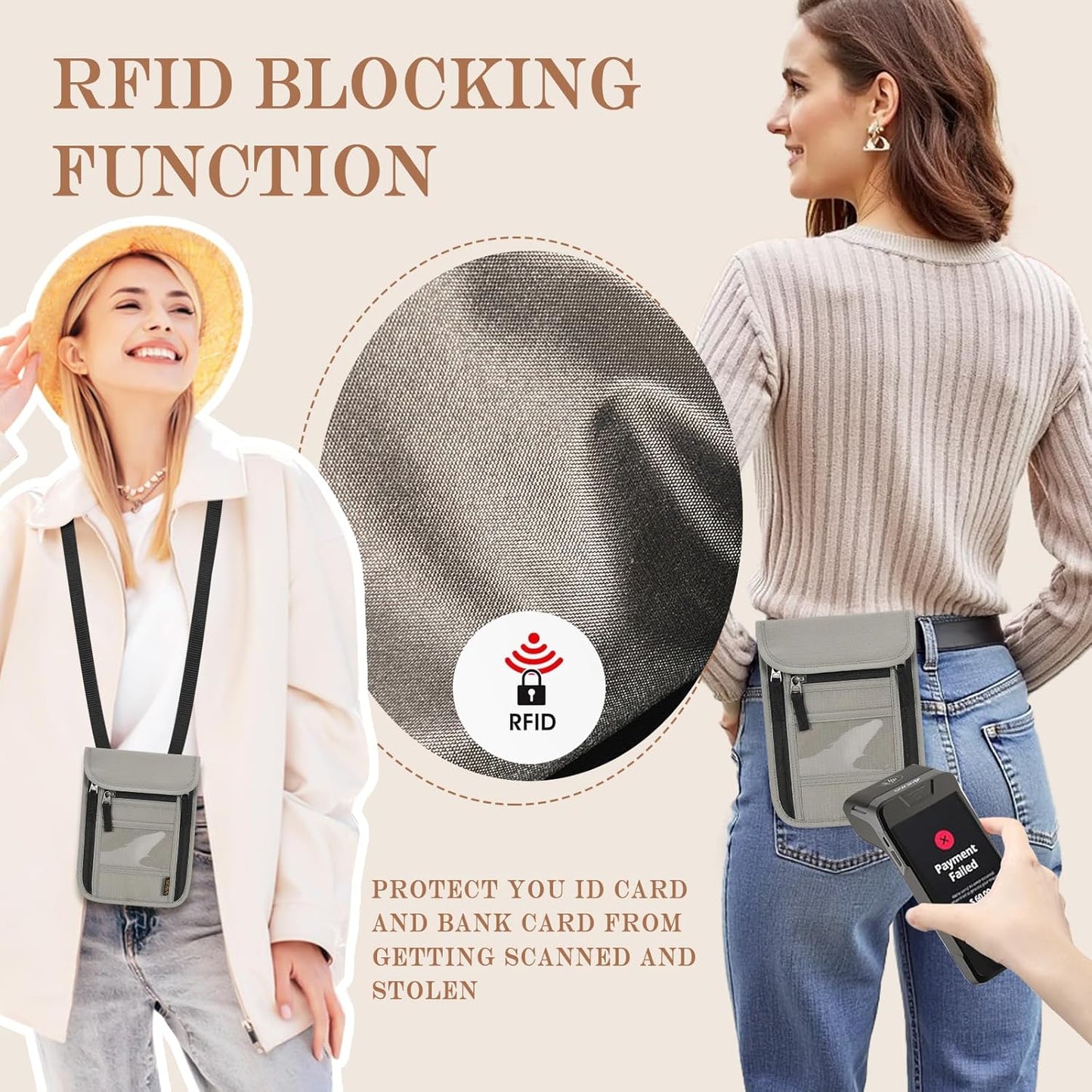 Passport Holder for Travel, Neck Pouch Travel Wallet With RFID Blocking, Waterproof Lightweight Passport Wallet for Women and Men (Gray)