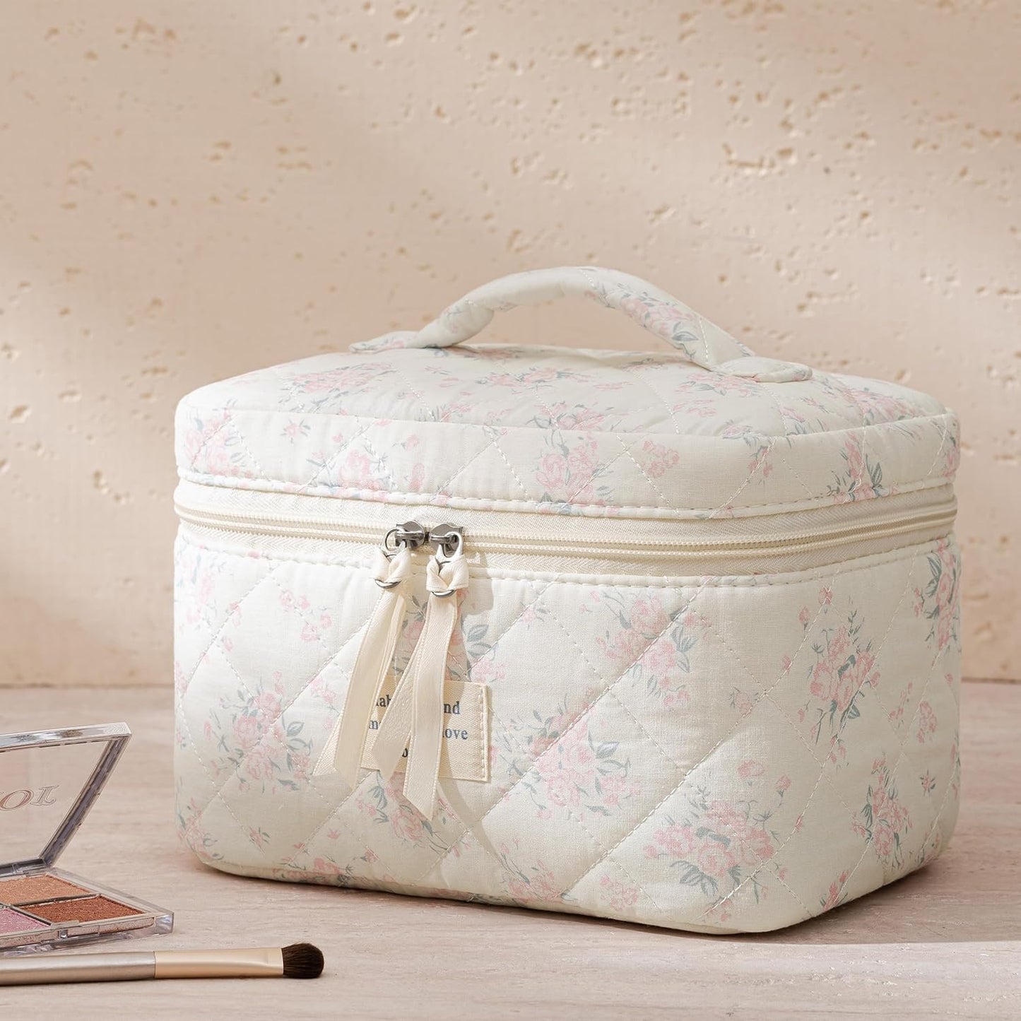 HBselect Quilted Makeup Bag, 3PCS Cotton Large Travel Makeup Bag, Cute Floral Coquette Make up Bag Cosmetic Bag Toiletry Bag for Women Girls