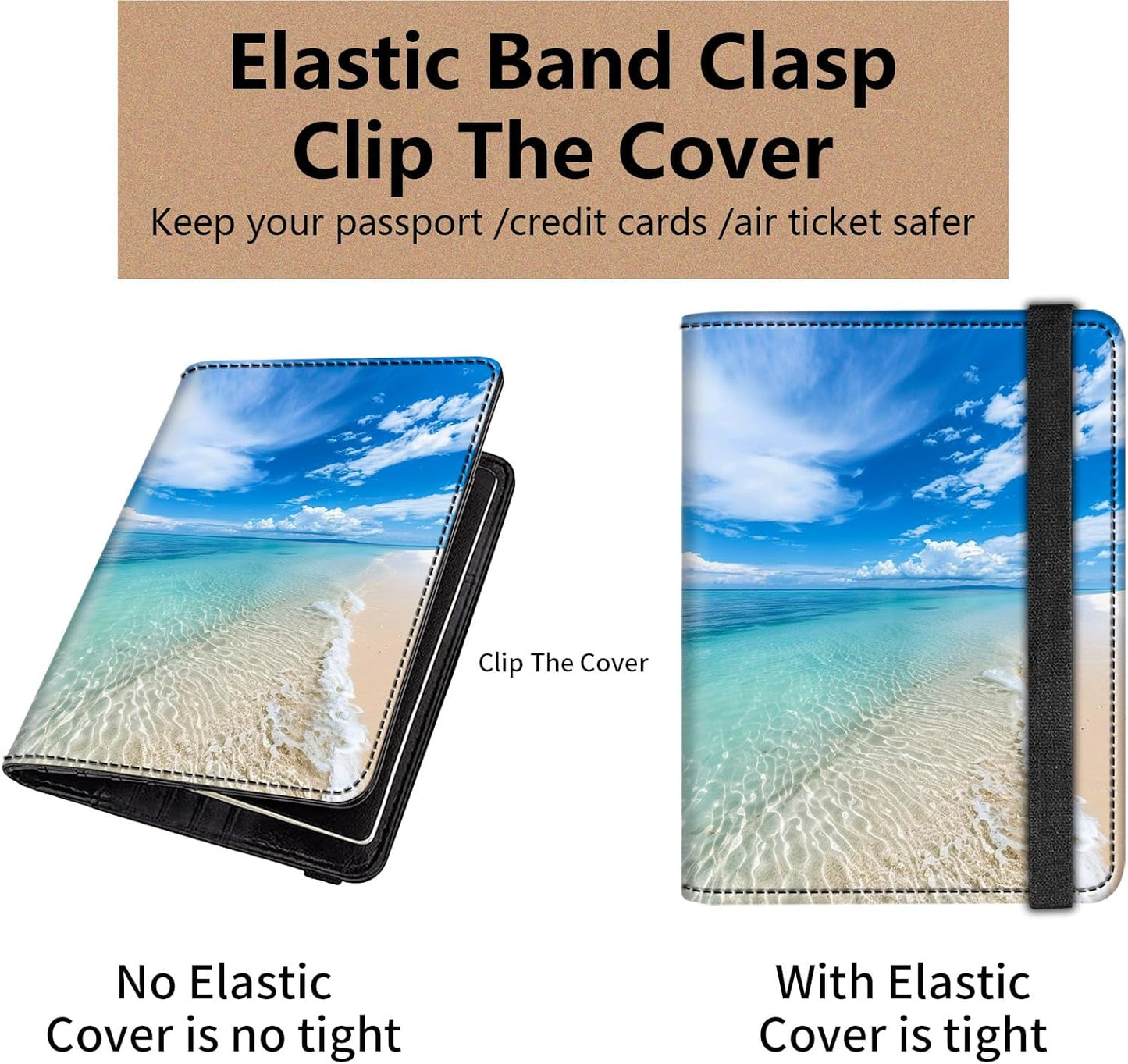 Passport and Vaccine Card Holder Cover Combo,Travel Passport Holder Wallet with RFID Blocking, Leather Vaccine Card Slot Passport Cover Case for Women & Men,Beautiful Beach and Blue Sky