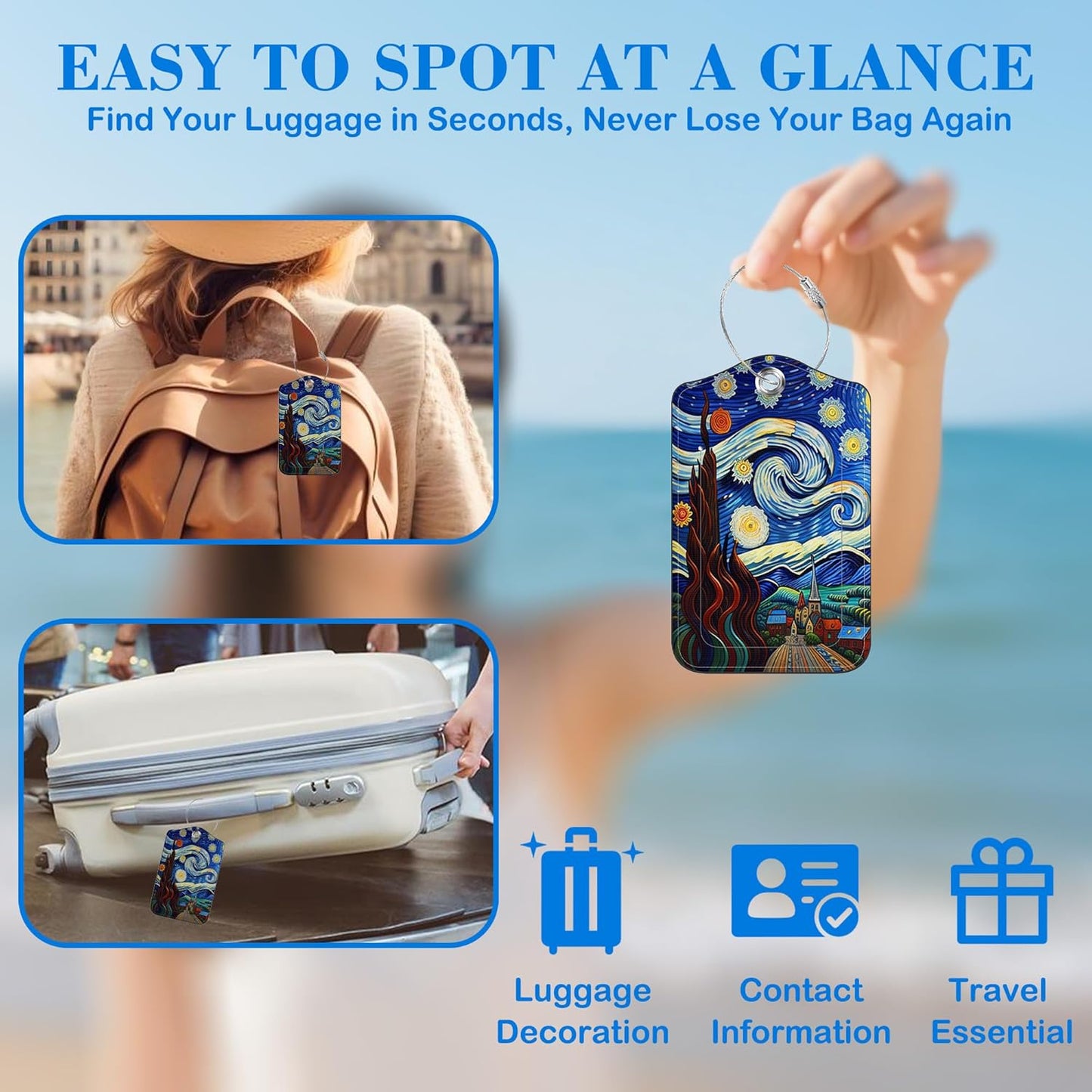 2 Pcs Luggage Tags for Suitcases, Starry Night Leather Bag Tags for Luggage Privacy Cover Name ID Label with Stainless Steel Loop Cruise Airport Travel Essentials