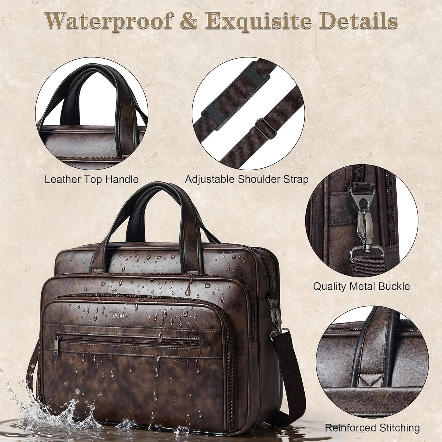 Shrrie Leather Messenger Bag for Men&Women 17 Inch Leather Laptop Bag,Water-Resistant Large Shoulder Satchel Office,Work