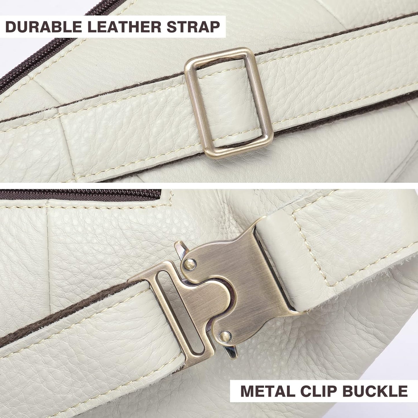 Genuine Leather Fanny Pack large capacity Crossbody Waist Bag with Zipper phone Pockets white