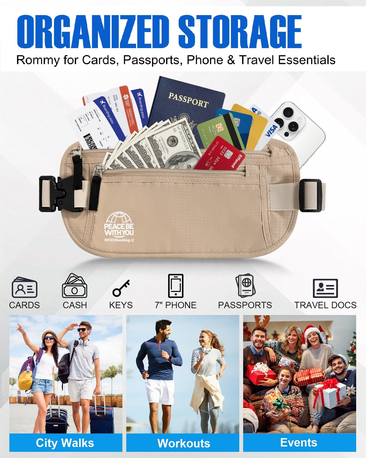 Money Belt for Travel, Passport Holder, RFID Blocking, Sweat-Proof, Beige