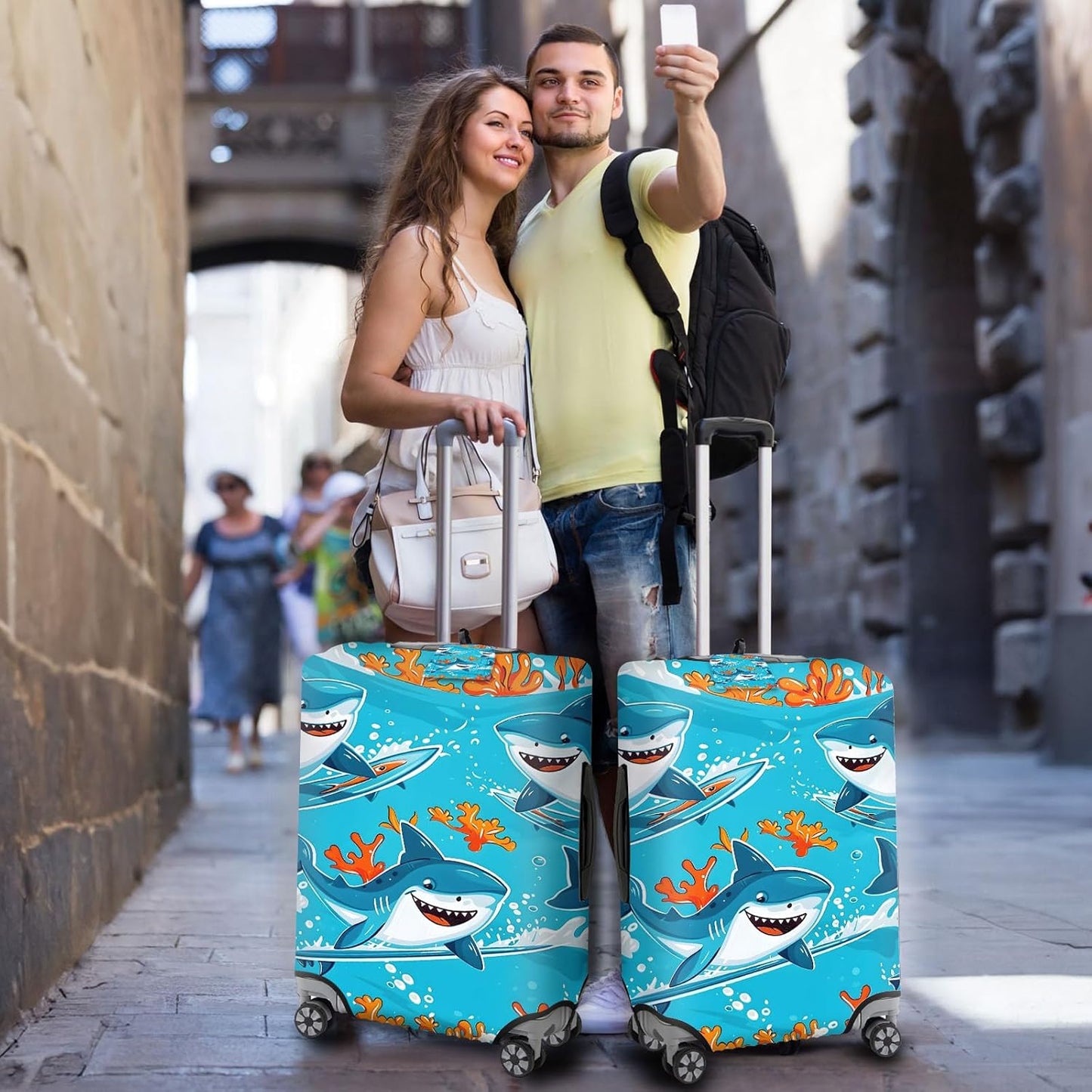 Travel Luggage Cover,Cute Cartoon SharksTheme Suitcase Cover Accessory Kit, Luggage Tag, and Comfortable Luggage Handle Wrap, Washable Luggage Suitcase Protector (22-24 inch,M)
