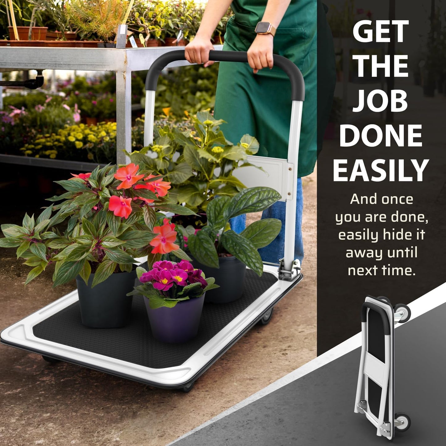 Upgraded Foldable Push Cart Dolly | 330 lbs. Capacity Moving Platform Hand Truck | Heavy Duty Space Saving Collapsible | Swivel Push Handle Flat Bed Wagon (White, 660 lbs. Capacity)
