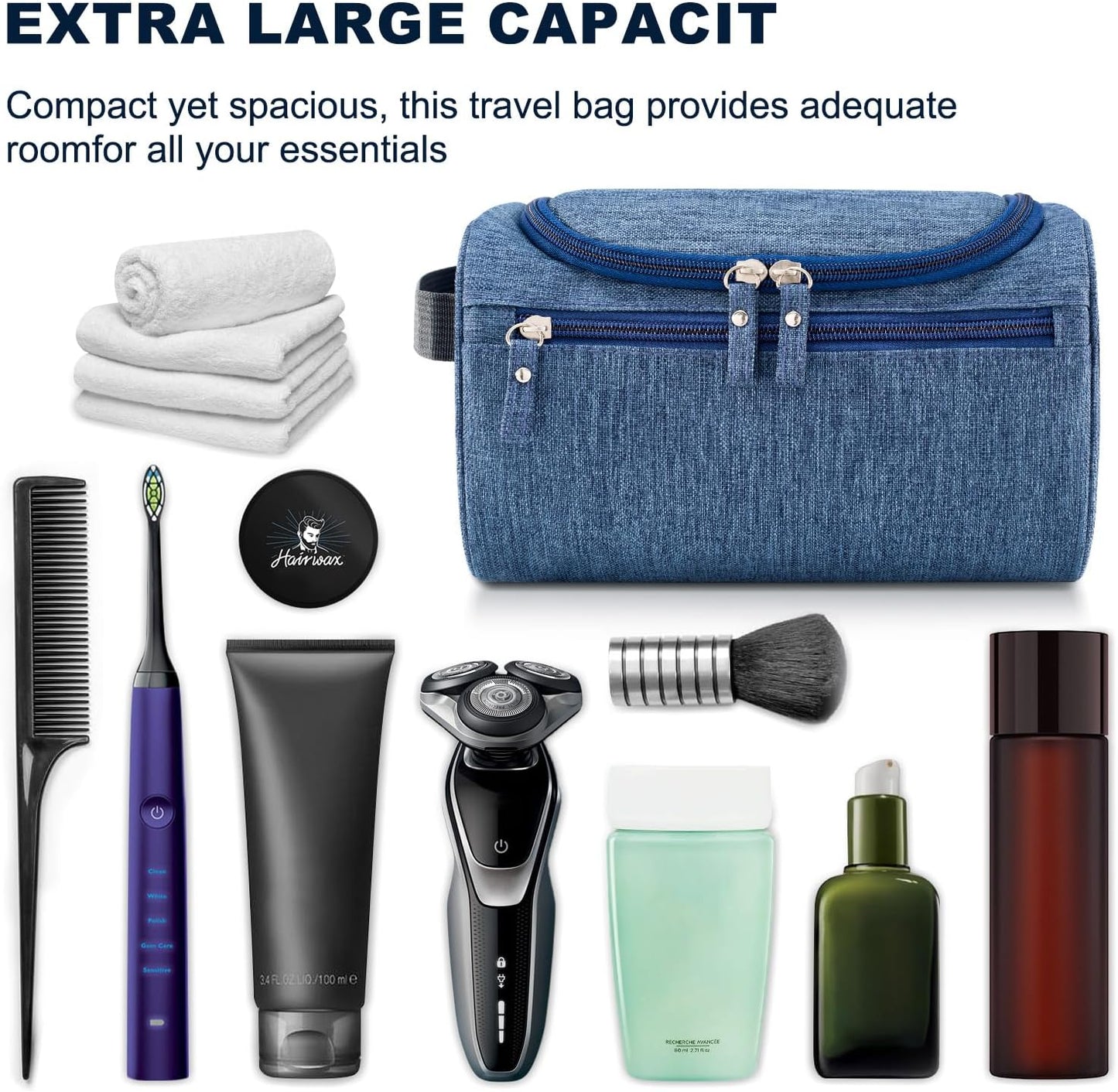 Hanging Toiletry Bag for Women and Men Traveling Makeup Large Capacity Cosmetics Portable Dopp Kit Storage Organizer Bag with Hanging Hook for Toiletries Brushes (Frosted Navy)