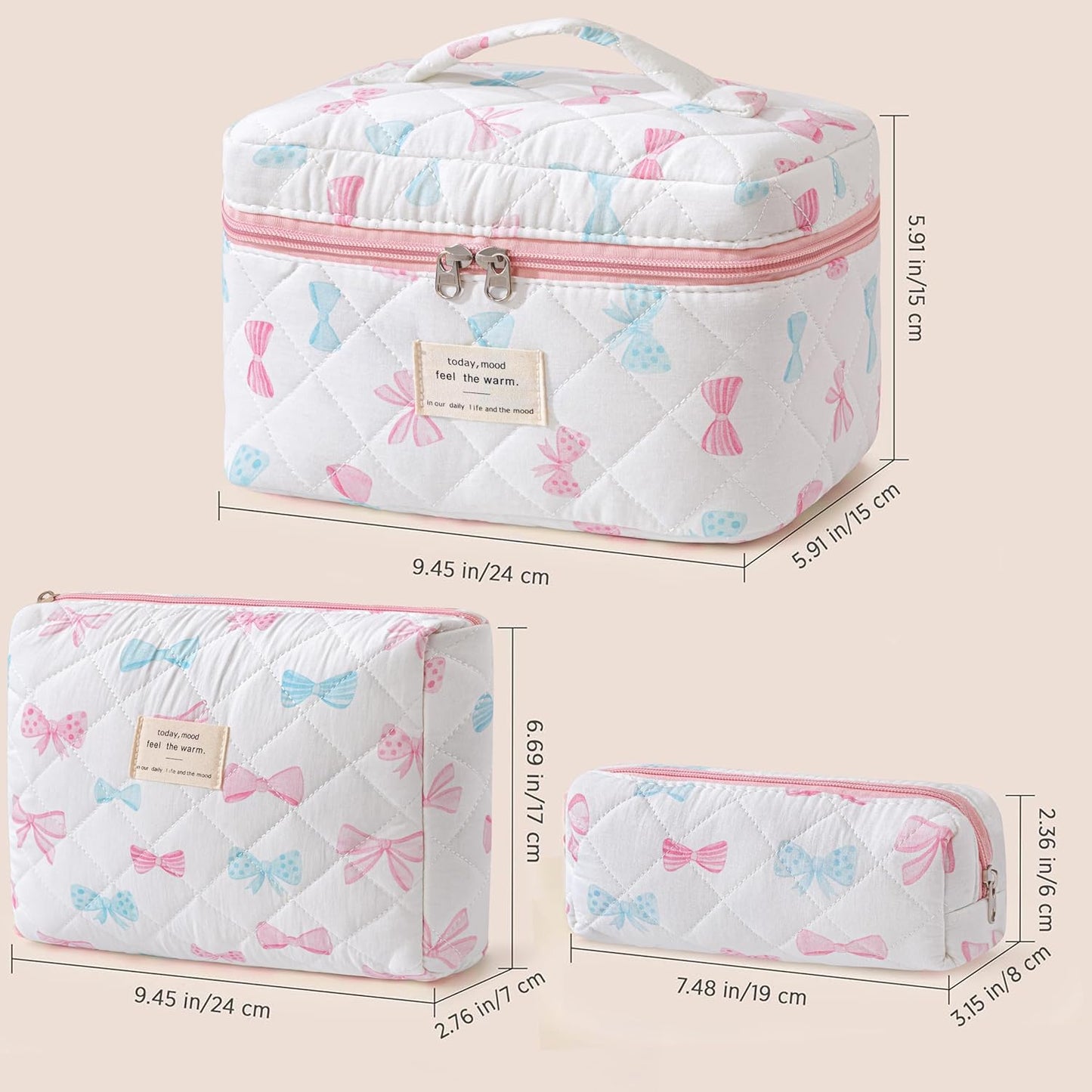 HBselect Quilted Makeup Bag, 3PCS Cotton Large Travel Makeup Bag, Cute Floral Coquette Make up Bag Cosmetic Bag Toiletry Bag for Women Girls