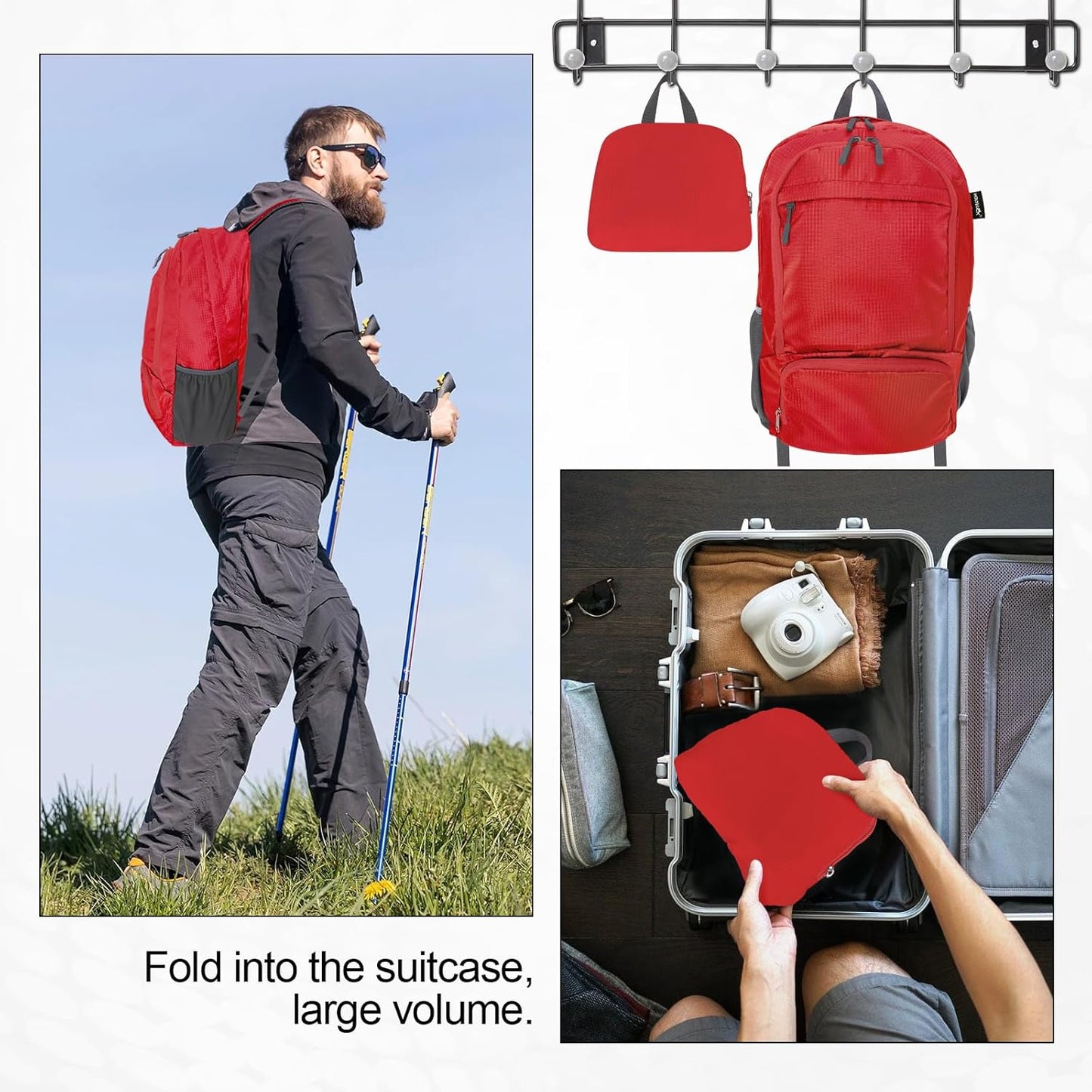 HOLYLUCK 20L lightweight packable Hiking Daypack Foldable Backpack for Men Women Small Travel Outdoor Foldable Shoulder Bag-red