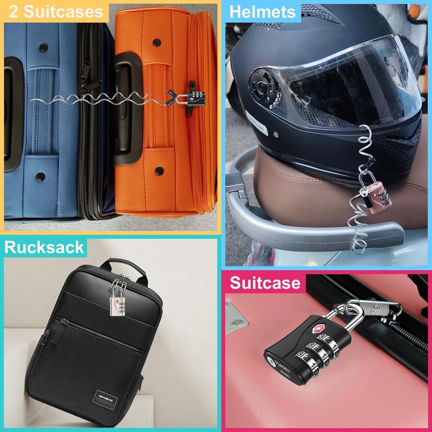 ZHEGE TSA Luggage Lock for Train 4 Pack, 1 Cable (30 Inch), Travel Lock for Backpack, Suitcase, School Gym Locker (Black, 4 Pack)