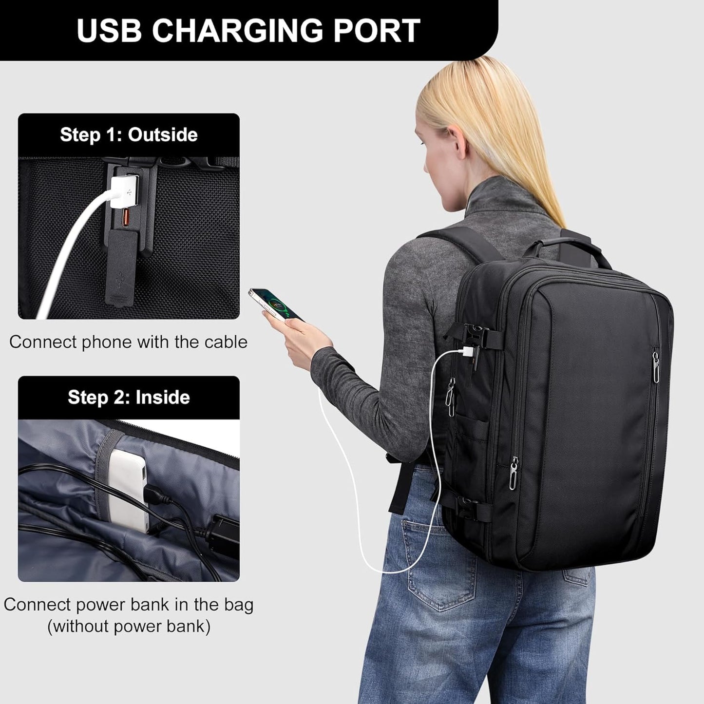 PIJUSHI Travel Backpack for Women Men Expandable Carry on Luggage Backpack Airline Approved Personal Item Laptop Bag(PE034 Black)