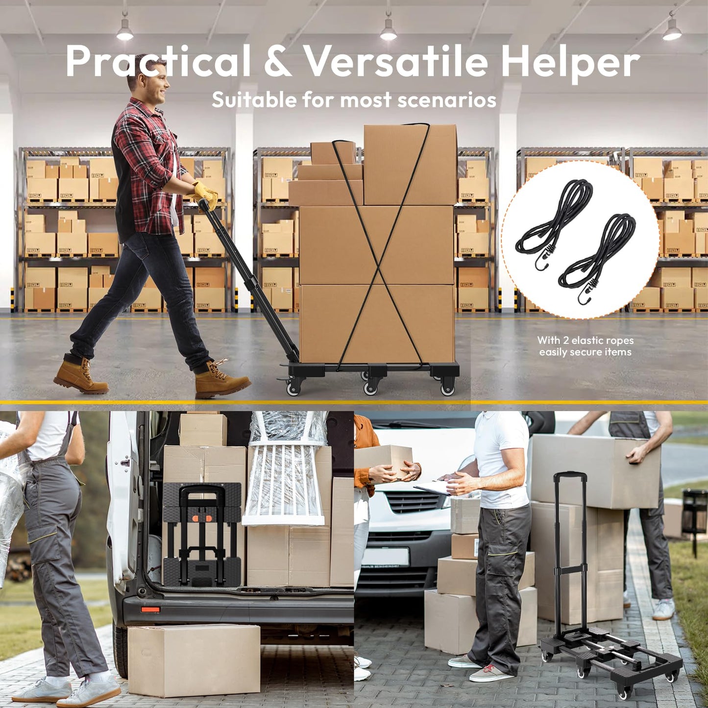 Voipvvii Folding Hand Truck 500lbs, Portable Heavy Duty Dolly Cart, 6 Wheels Collapsible Luggage
