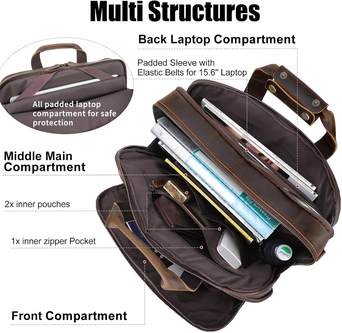 Masa Kawa Leather Briefcases Laptop Bag for Men for 15.6 inch Computer Vintage Brown Crossbody Shoulder Messenger Bags, Business Travel Office Work Teacher Organizer Professional Brief Case Handbag