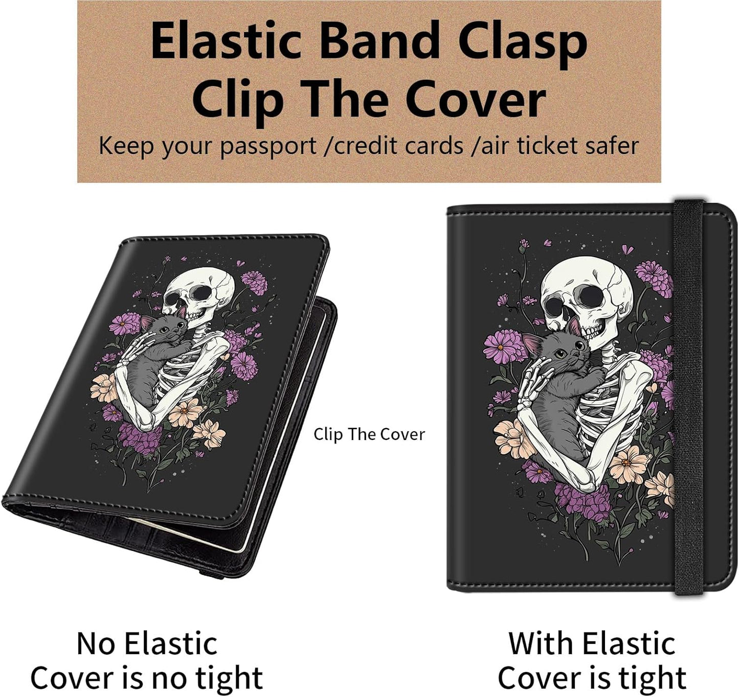 Passport and Vaccine Card Holder Cover Combo,Travel Passport Holder Wallet with RFID Blocking, Leather Vaccine Card Slot Passport Cover Case for Women & Men,Skeleton Holding a Cat