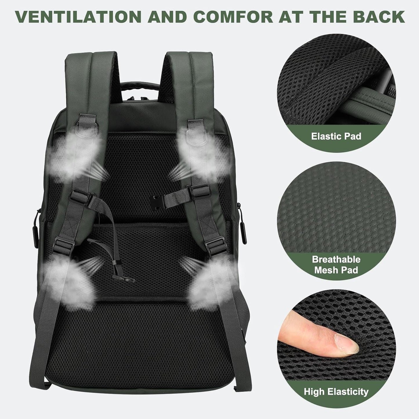 Large Capacity Water Resistant Laptop Backpack, 17 Inch Airplane Approved Durable Bag for College, Business Travel, Green