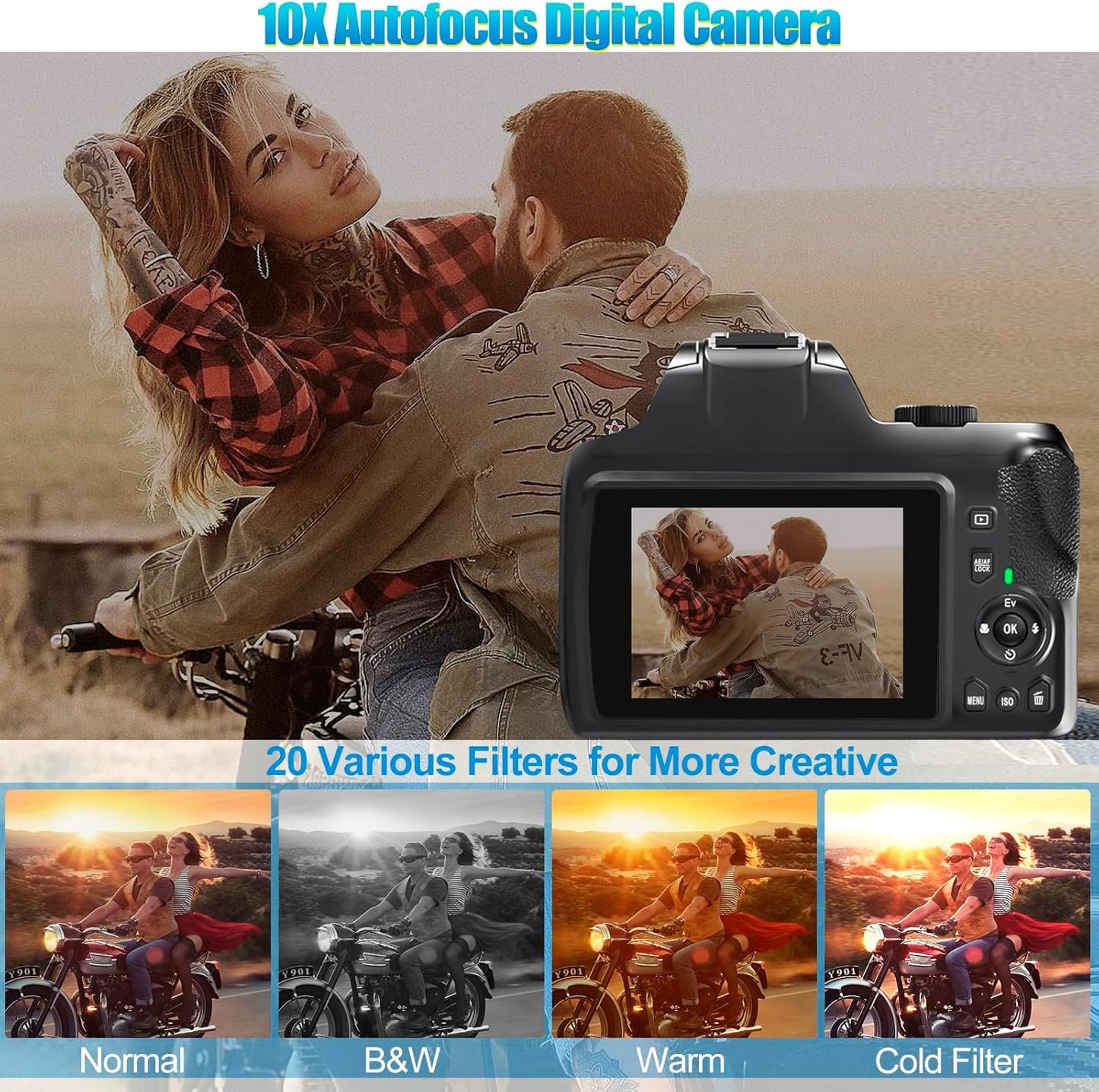 4K Digital Camera for Photography with WiFi, 10X Optical Zoom Vlogging Camera for YouTube 64MP Autofocus Compact Camera with 64GB SD Card 2 Batteries, USB Card Reader & Charging Stand
