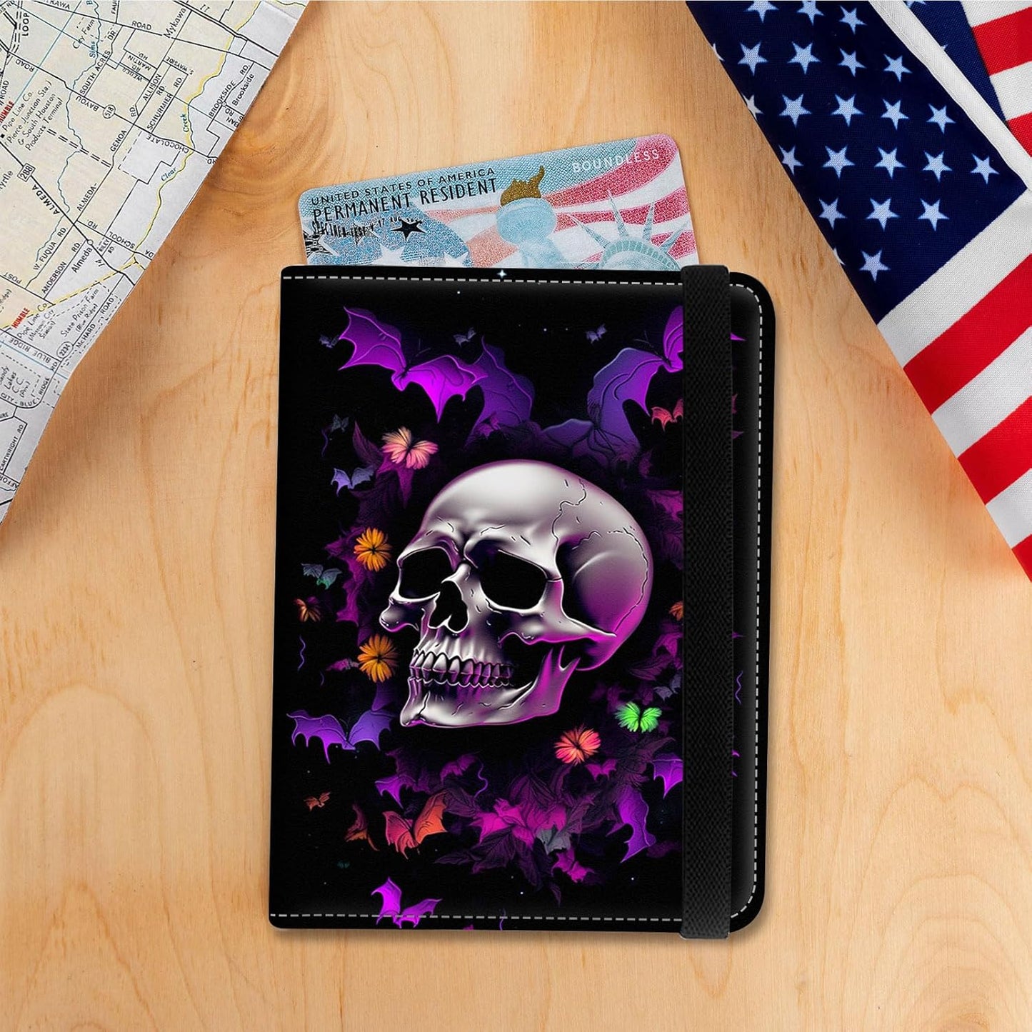 Passport Holder Cover Wallet Travel Essentials RFID Blocking Case Leather Passport Cover Wallet Vaccine Card Slot Organizer for Men Women, Halloween Skull