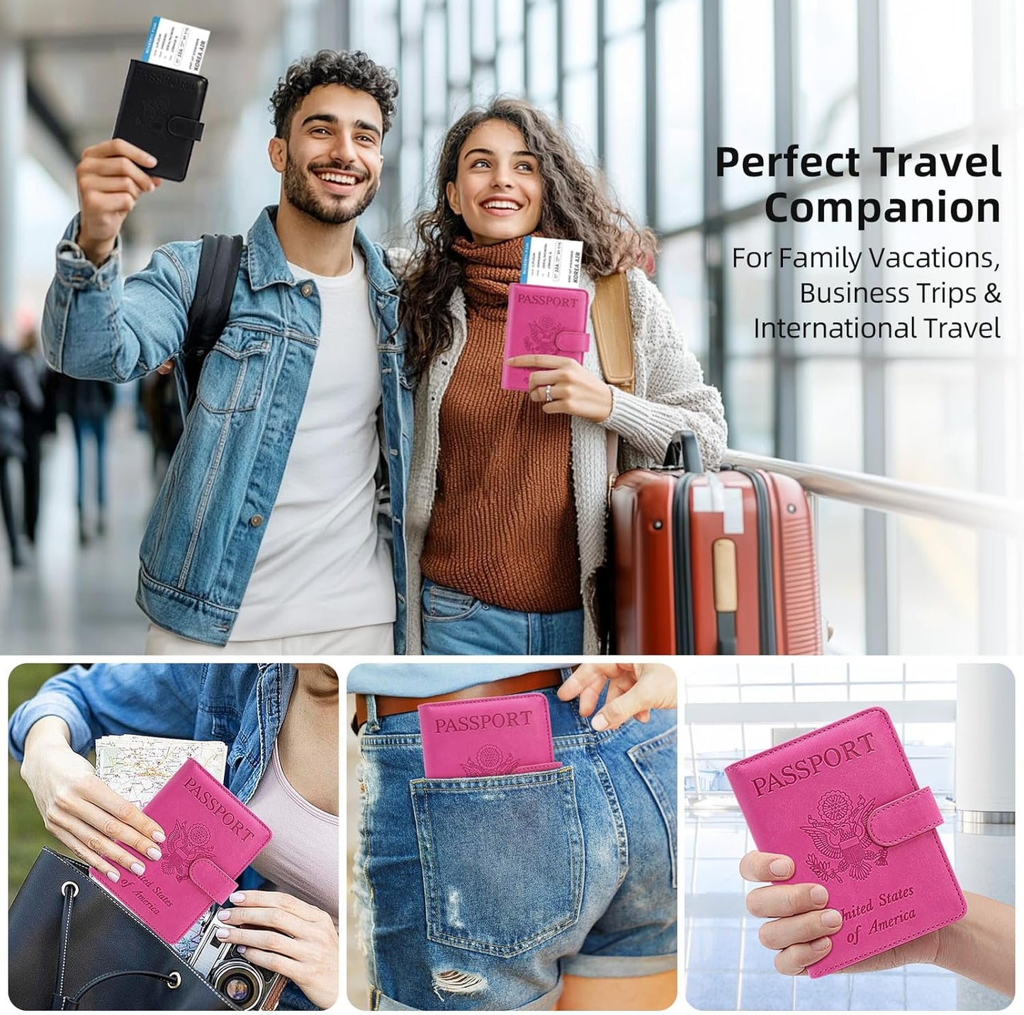 Passport Holder For Travel with Luggage Tag Cover – RFID Blocking Travel Passport Wallet Holder for Women/Family| PU Leather Passport Case with Extra Money Pocket/Magnetic Clasp, Pink
