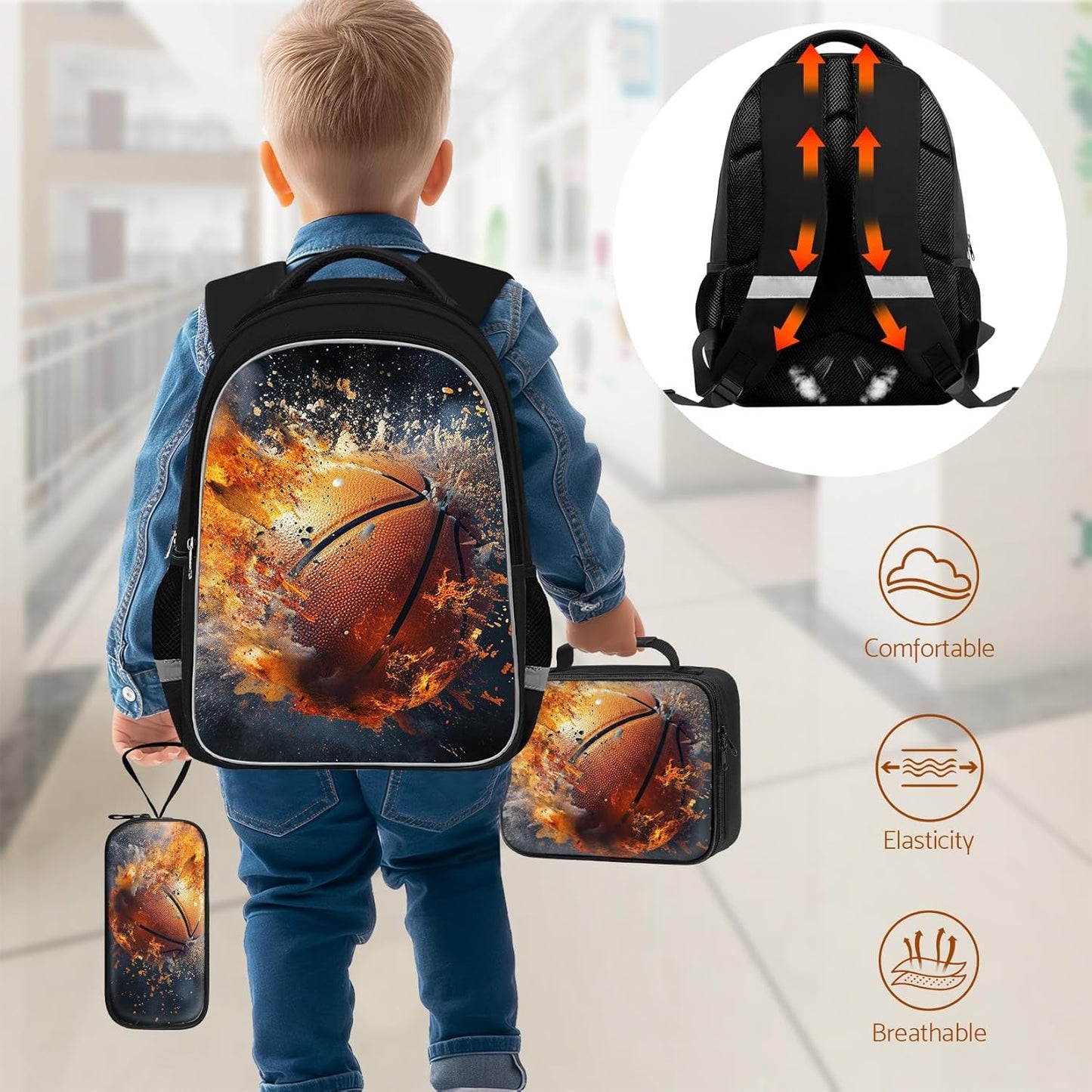 School Backpack for Boys - 4pcs Basketball Boys Backpack with Lunch Box Set for Kids Children Teens Elementary Middle School - 17″ Sport Bookbag Travel Back Pack for Age 6-18