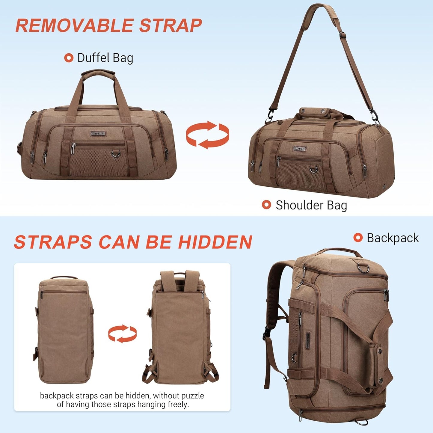 WITZMAN Canvas Duffel Bags for Men Traveling 3 in 1 Backpack Carry-on 40L Weekender Overnight Bag with Shoe Compartment(A8006/2 Brown)
