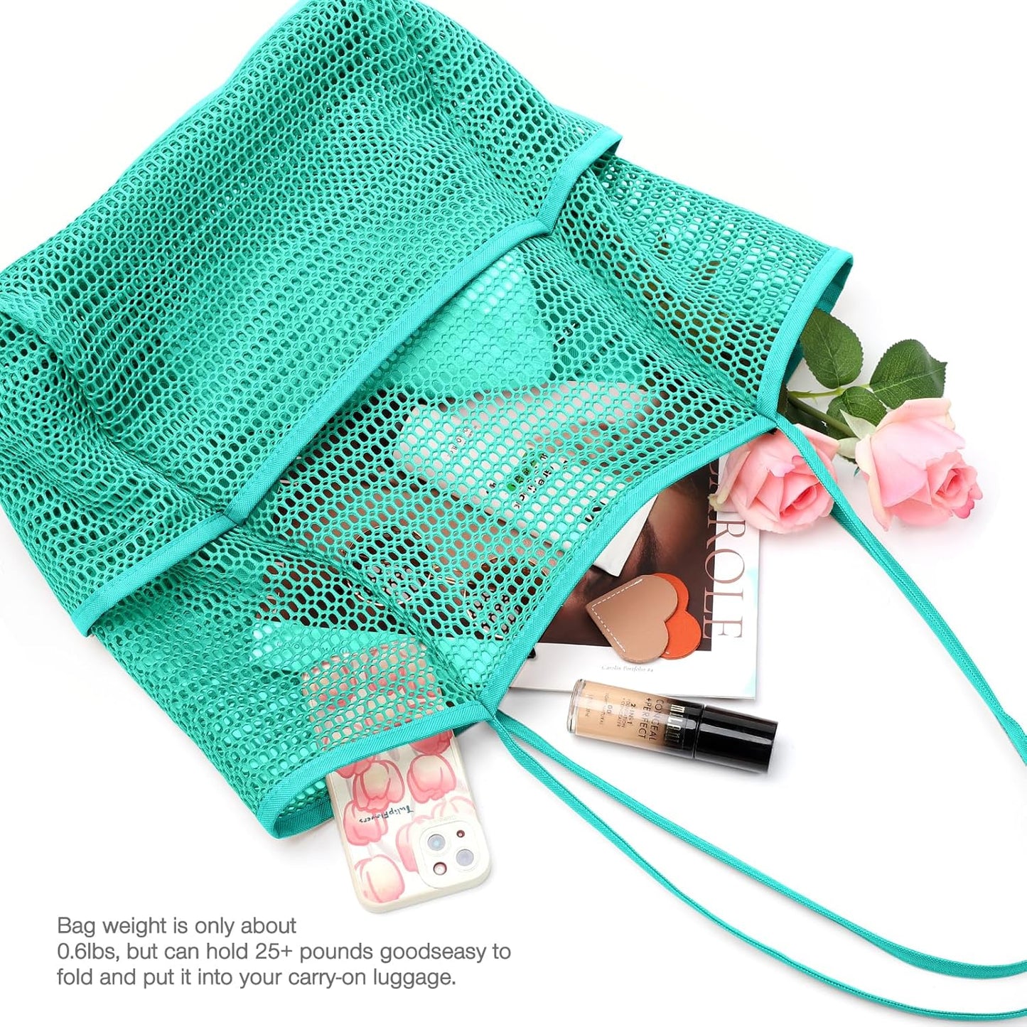 KPX Beach Bag with Mini Pocket, Beach Tote Bags for Women Large Foldable Mesh Swimming Pool Travel Bags - Sandproof