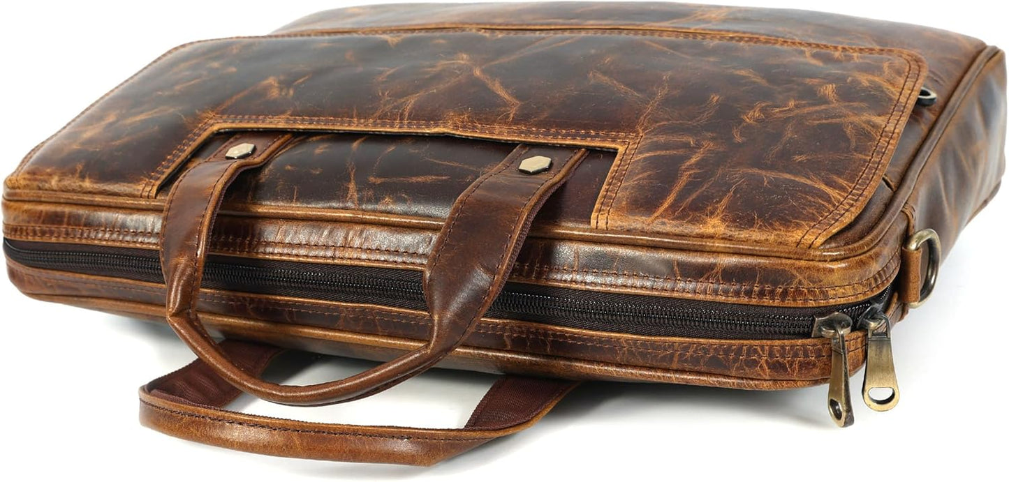 Mens Laptop Bag 16 Inch Waterproof Vintage Leather Shoulder Office Crossbody Bag With Ajustable