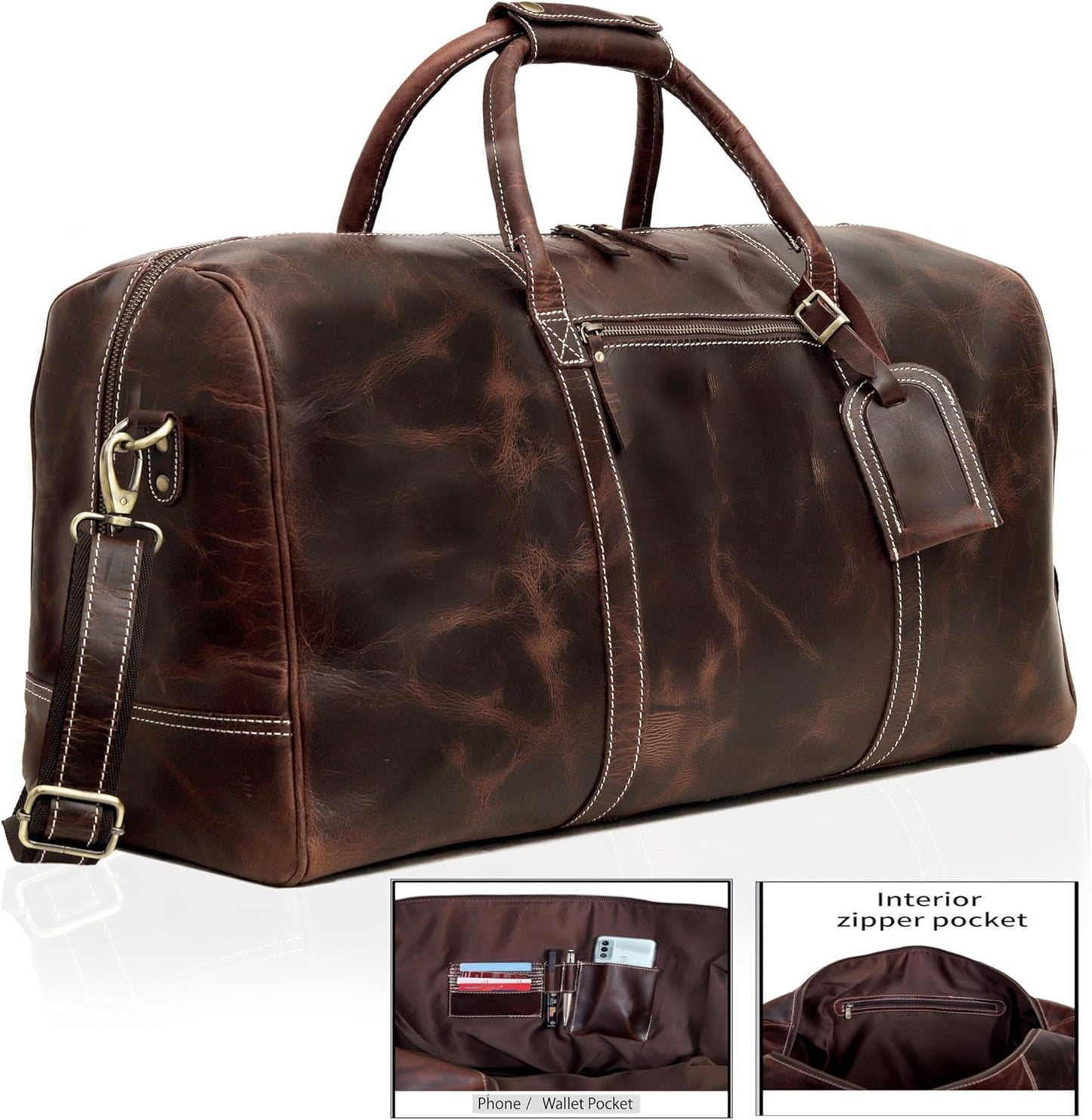 21 Inch Genuine Buffalo Leather Travel Duffle Bag | Overnight Weekend Leather Bag | Sports Gym Duffel for Men| Airplane Under Seat Carry on Bags (brown)