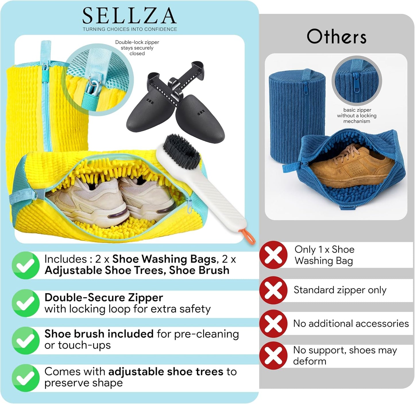Shoe Washing Machine Bag – 2 Pcs Reusable Shoe Washing Bag with Brush & Shoe Trees, 360° Deep Cleaning Durable Sneaker Washing Machine Bag, Fits All Shoe Types & Sizes (Yellow, 14.8 × 7.4 Inches)