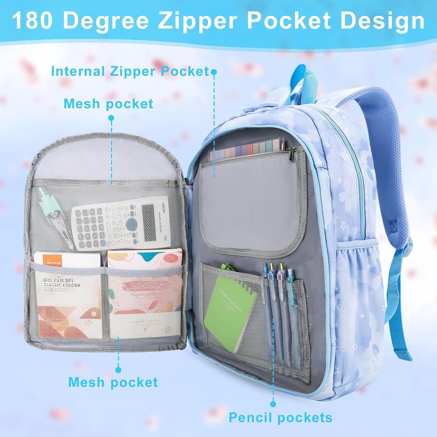 Backpack for Girls 3pcs Set, Kids Backpack for Girls with Lunch Box Pencil Case Set for Teens Elementary Middle School Bags (Blue-3 Piece Set-1)