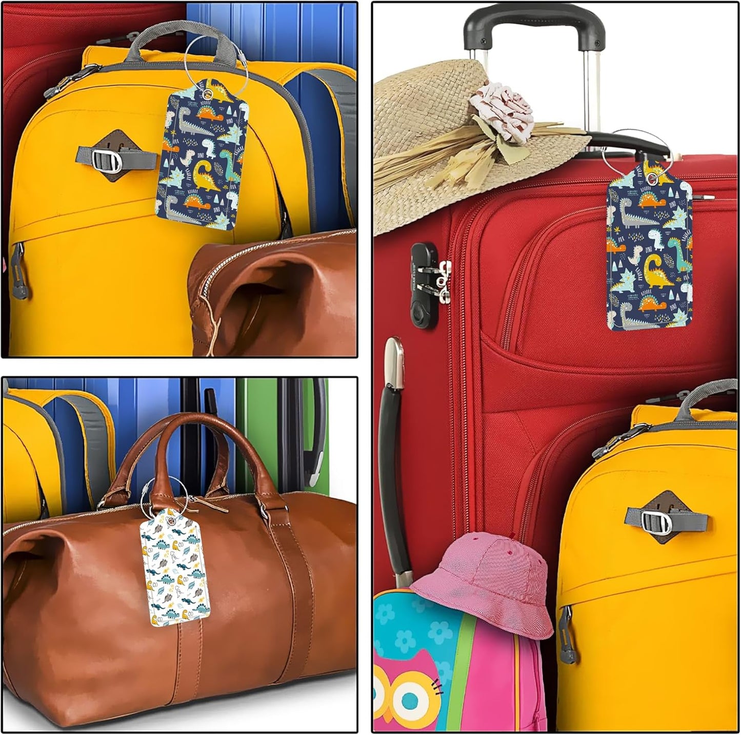 Cute Funny Dinosaurs and Eggs 2 Pack PU Leather Luggage Tags with Stainless Steel Loop, Colorful Dinosaurs Travel Labels with Privacy Cover ID Label for Quick Spotting