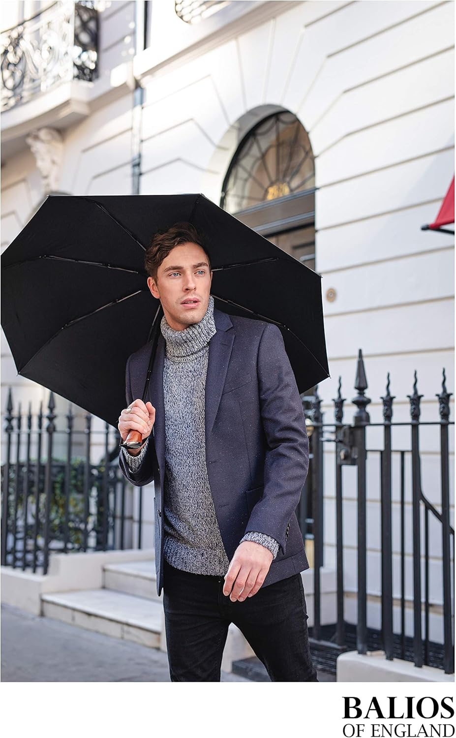 Balios (Designed in UK) Travel Umbrella Luxurious Golden Hardwood Handle Auto Open & Close