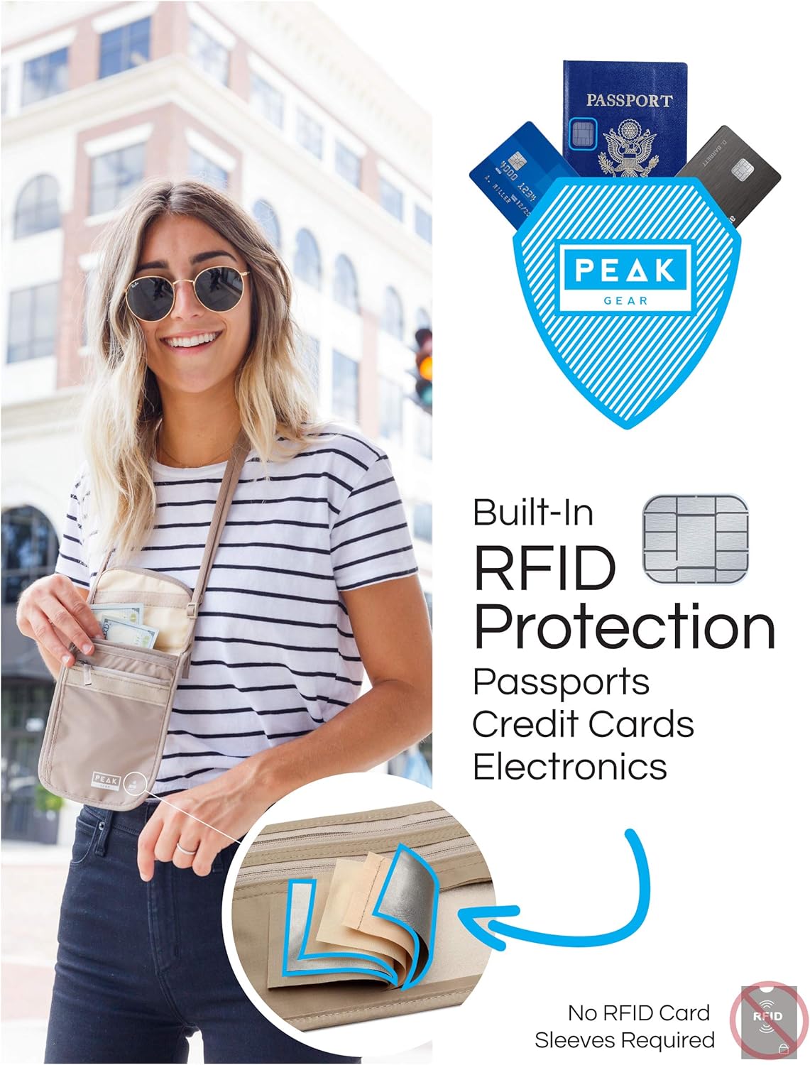 Peak Gear RFID Neck Wallet - The Original Travel Pouch with Adjustable Crossbody Strap + Theft Protection and Lost & Found Service | Beige