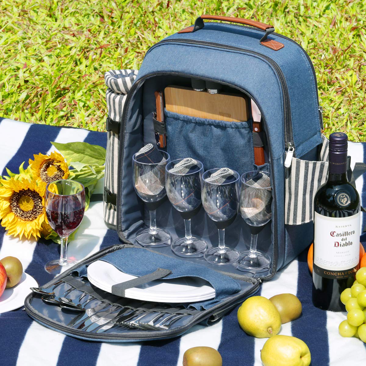 Sunflora Picnic Backpack for 4 Person Set Pack with Insulated Waterproof Pouch for Family Outdoor