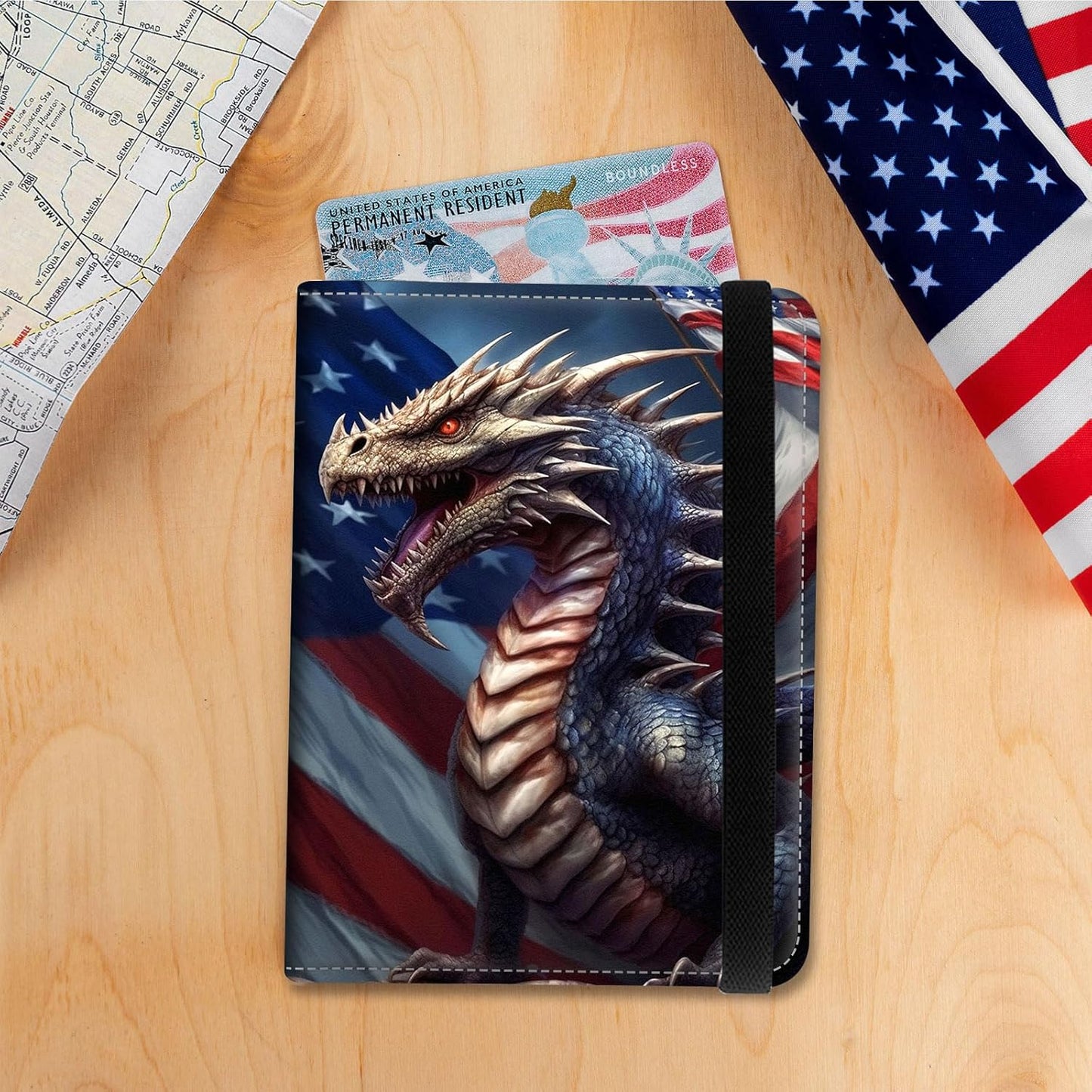 Passport Holder Cover Wallet Travel Essentials RFID Blocking Case Leather Passport Cover Wallet Vaccine Card Slot Organizer for Men Women, Flag Dragon